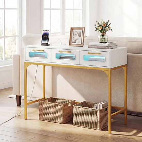 Hivvago Console Table With Led Lighting And Charging Station For Living Room And Hallway