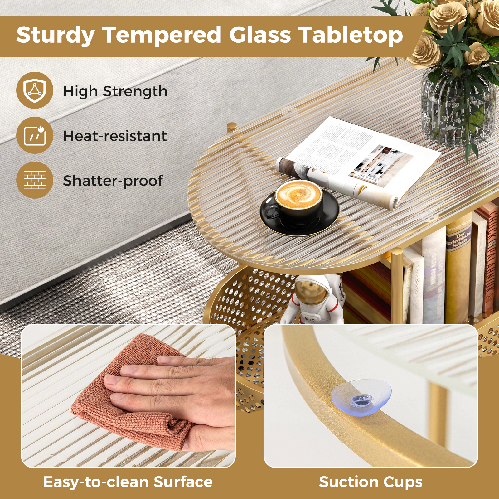 SUGIFT 2-Tier Mobile Tempered Glass Coffee Table with Bear Pattern 44-lb Tabletop Capacity Transparent + Golden