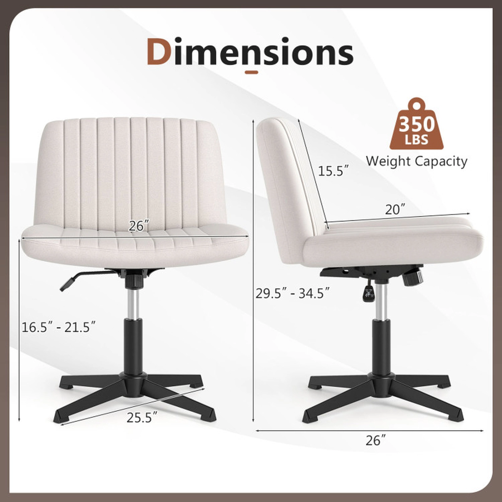 SUGIFT 350-lb Capacity Armless Criss Cross Legged Swivel Desk Chair with Linen Upholstery and No Wheels