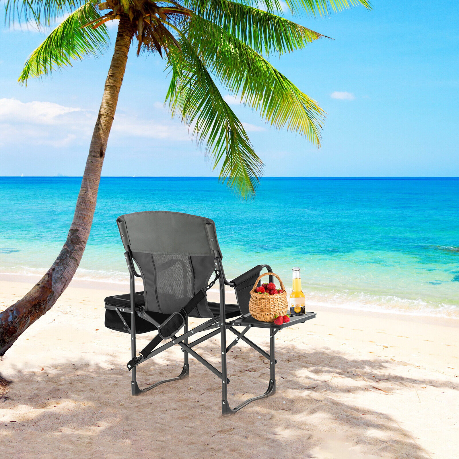 SUGIFT Black Folding Directors Chair with Cooler Bag and Side Table 45-in W 22-in D 39-in H 400-lb Seat Capacity