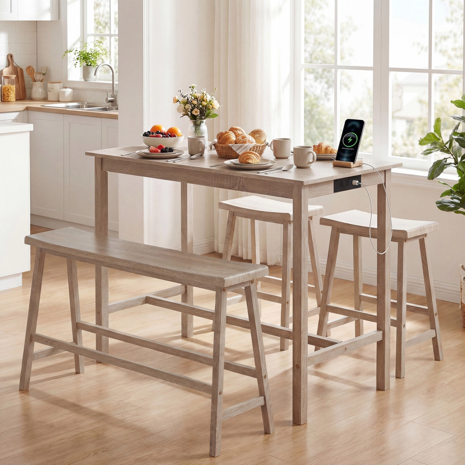 SUGIFT 4-Piece Counter Height Dining Set with Power Outlet 230-lb Table Capacity 24-in Wide Top Gray/Light Gray