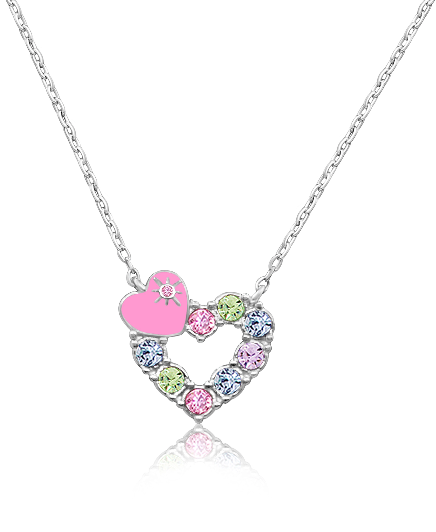 CHANTEUR Kids Heart Pendant Necklace with Pink Crystal, White Gold Palladium Plating, 6-inch