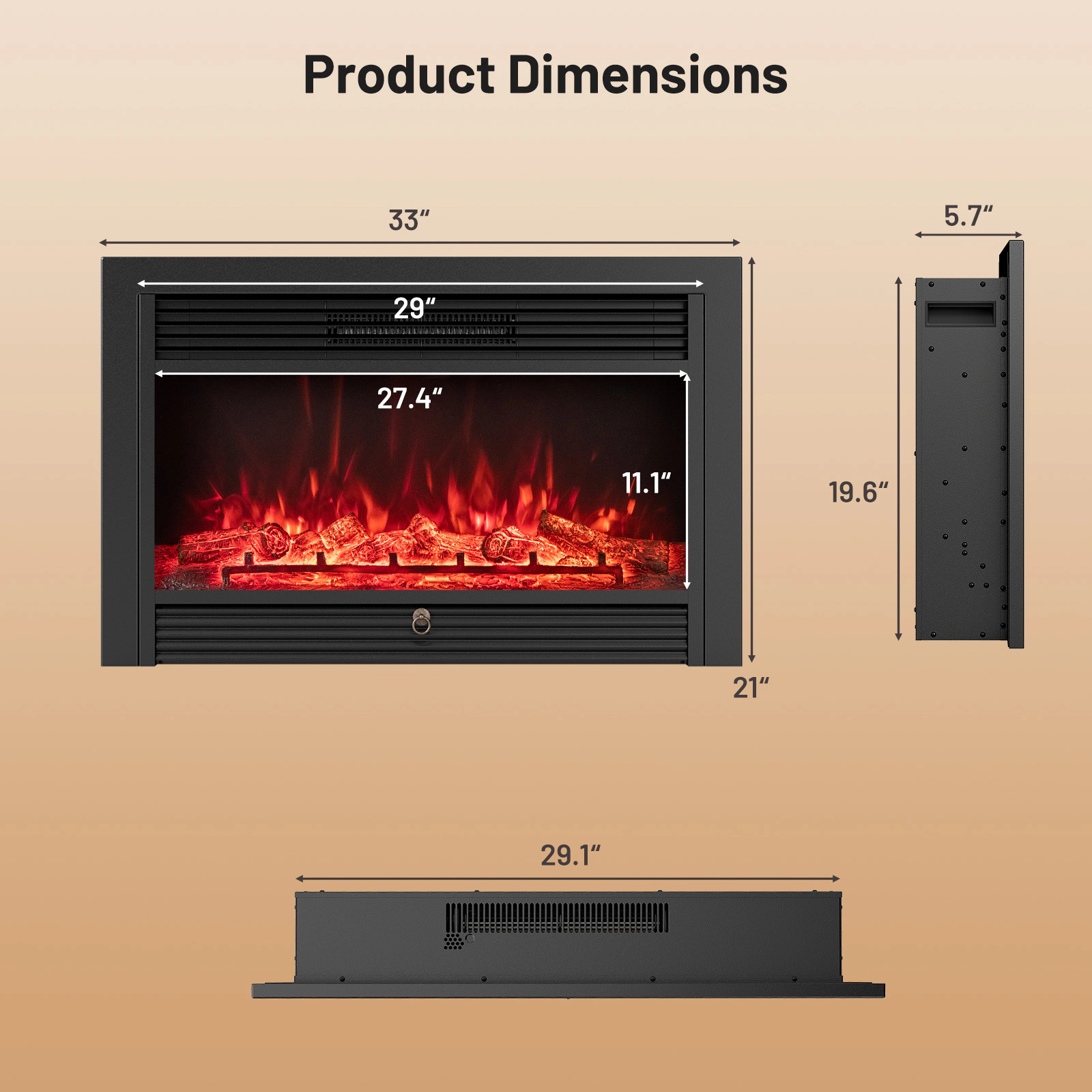 SUGIFT 33-in Electric Fireplace Insert 750W/1500W Recessed Heater 5000 BTU Adjustable Thermostat Black