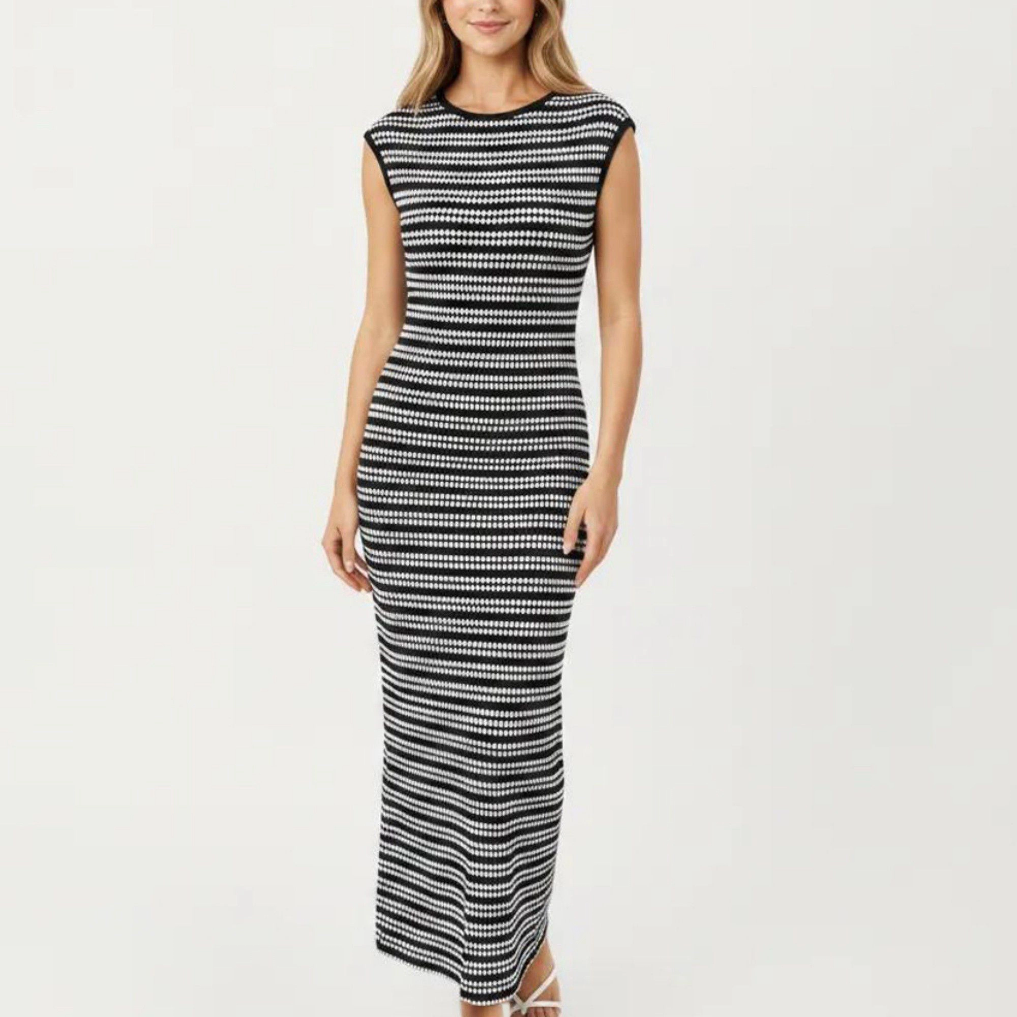 Anna-Kaci Women's Sleeveless Crew Neck Striped Knit Column Maxi Dress