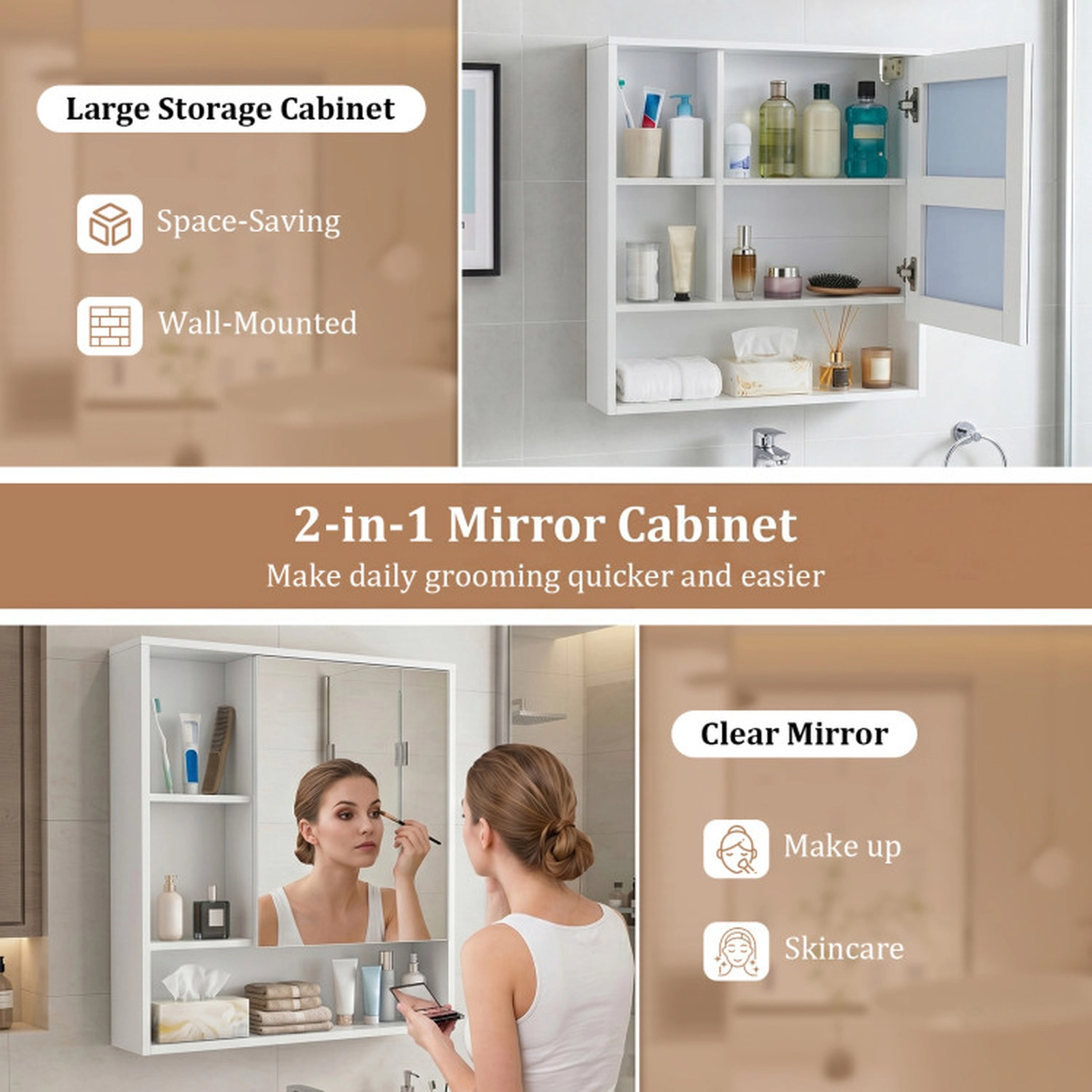 SUGIFT Wall-Mounted Engineered Wood Mirror Cabinet with Hidden and Open Storage 22-lb Countertop Capacity White