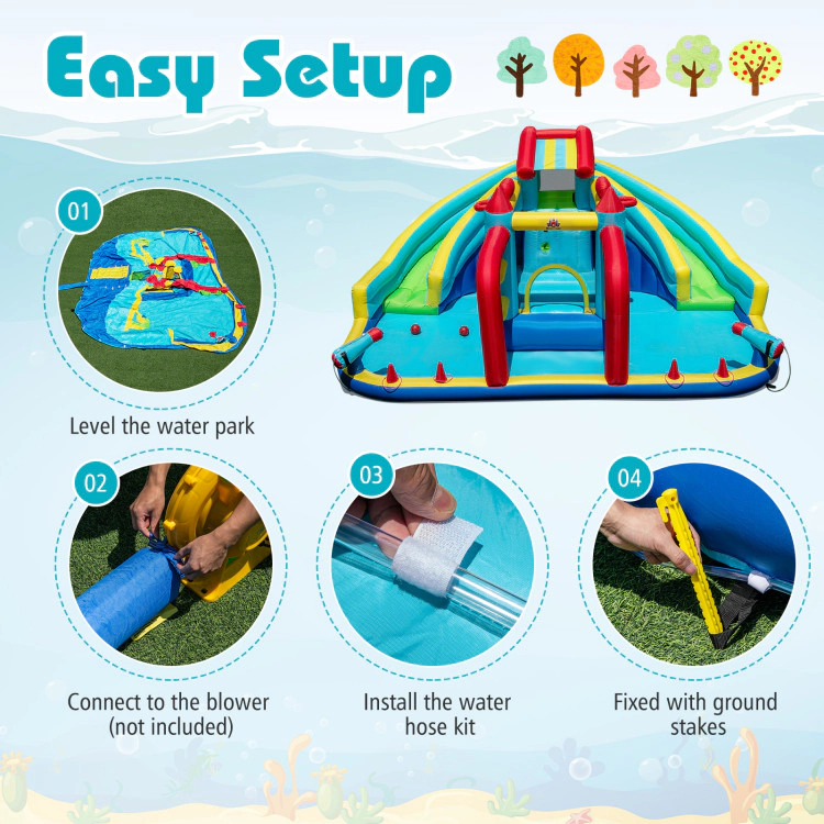 Hivvago Inflatable Double Water Slide Park with Obstacle Course and Basketball Hoops