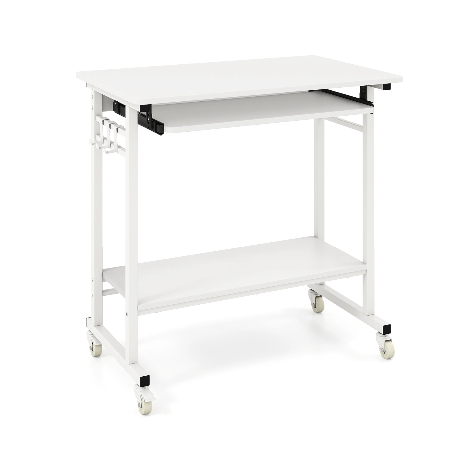 SUGIFT Rolling Laptop Table with Pull-out Keyboard Tray, Hooks and Bottom Shelf 160-lb Tabletop Capacity White