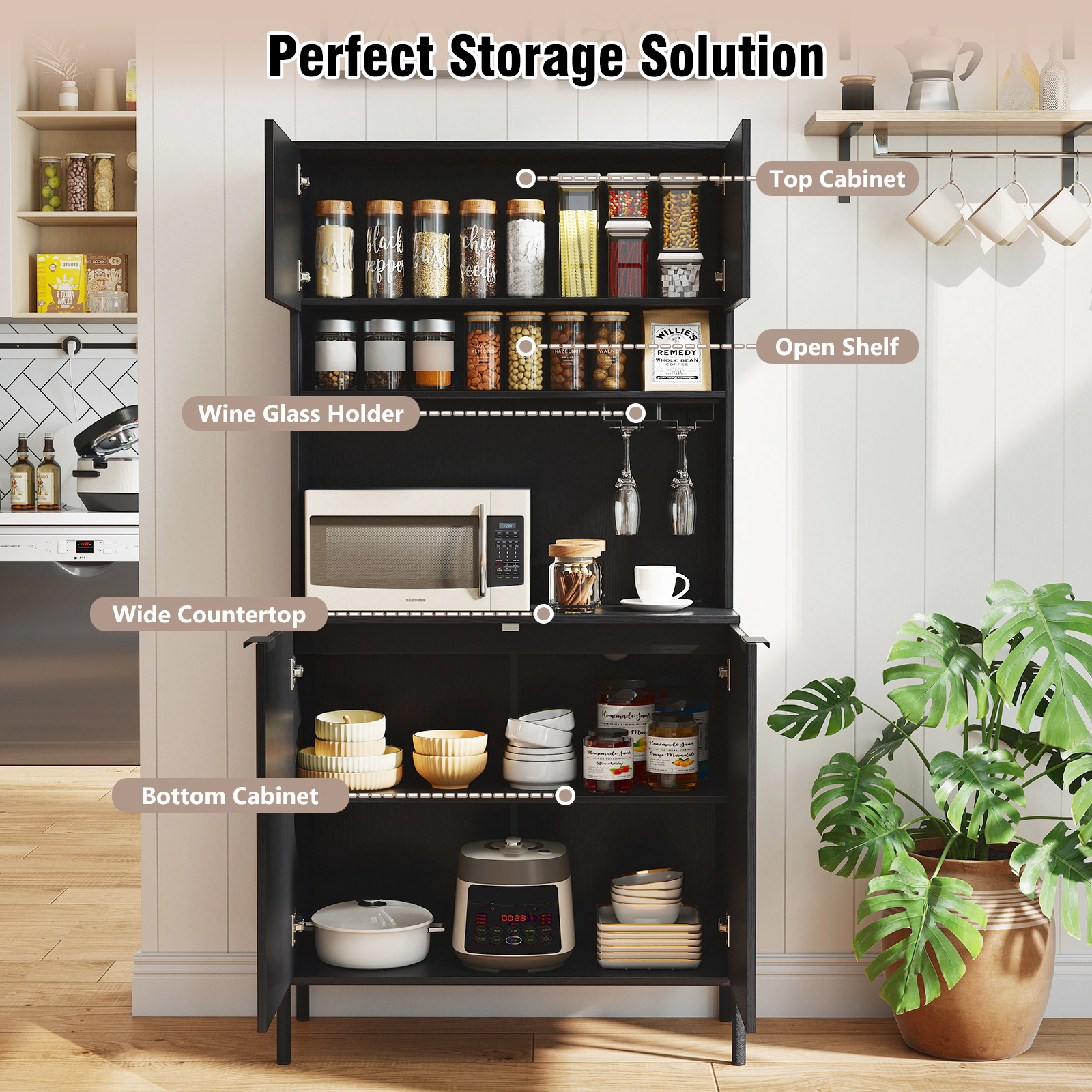 SUGIFT 64.5-in Tall 90-lb Countertop Black Pantry Cabinet with Charging Station Wine Glass Rack and Open Shelf