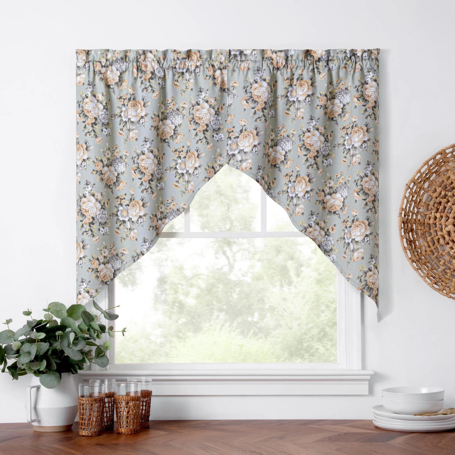 Ellis Bella Rose Stylish Medium Scale Printed Floral Pattern 1.5" Rod Pocket Tailored Swag for Windows 56"x36" Mist