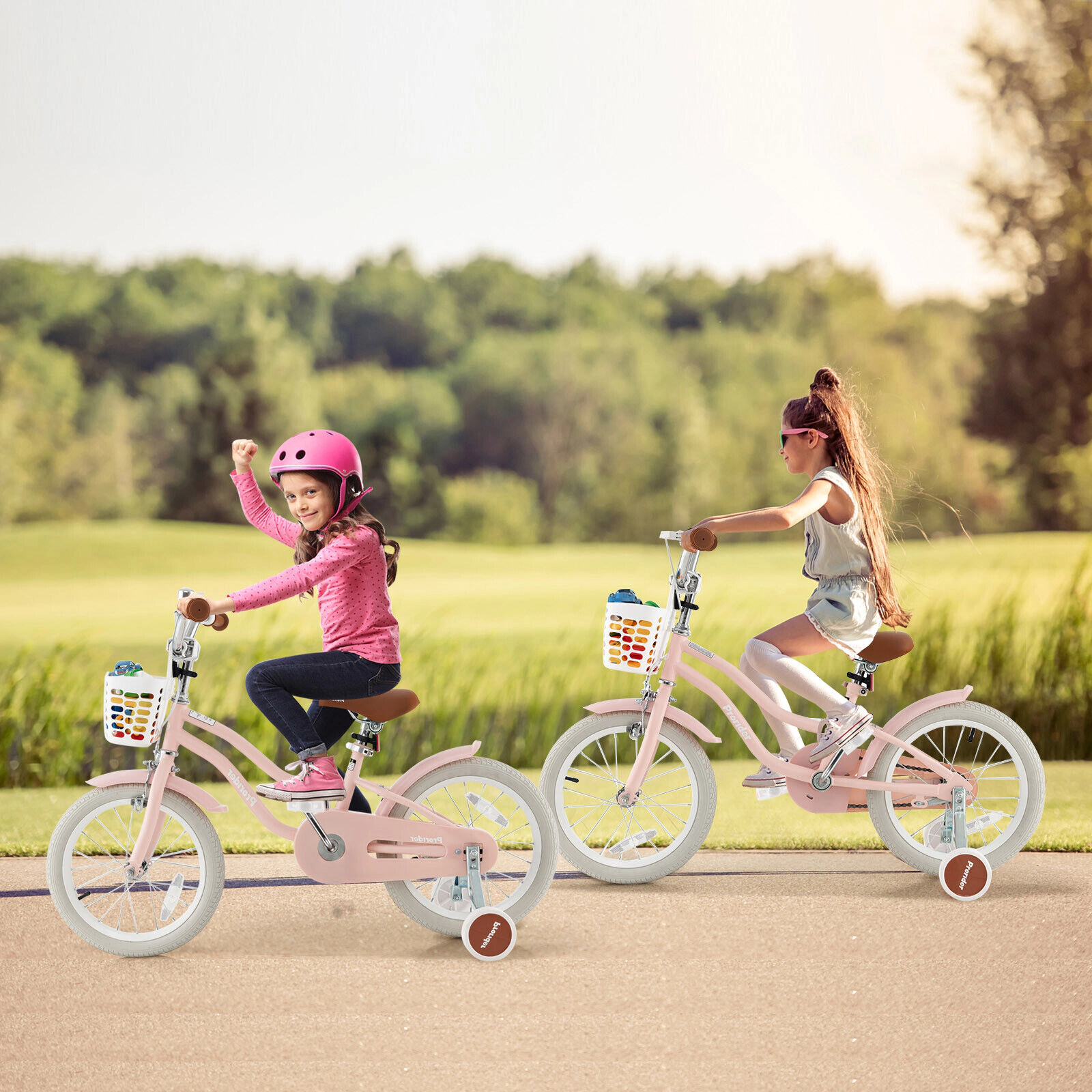 18-in Kids Bike Front Handbrake Rear Coaster Brake Removable Storage Basket Height Adjustable Handlebar Seat Pink