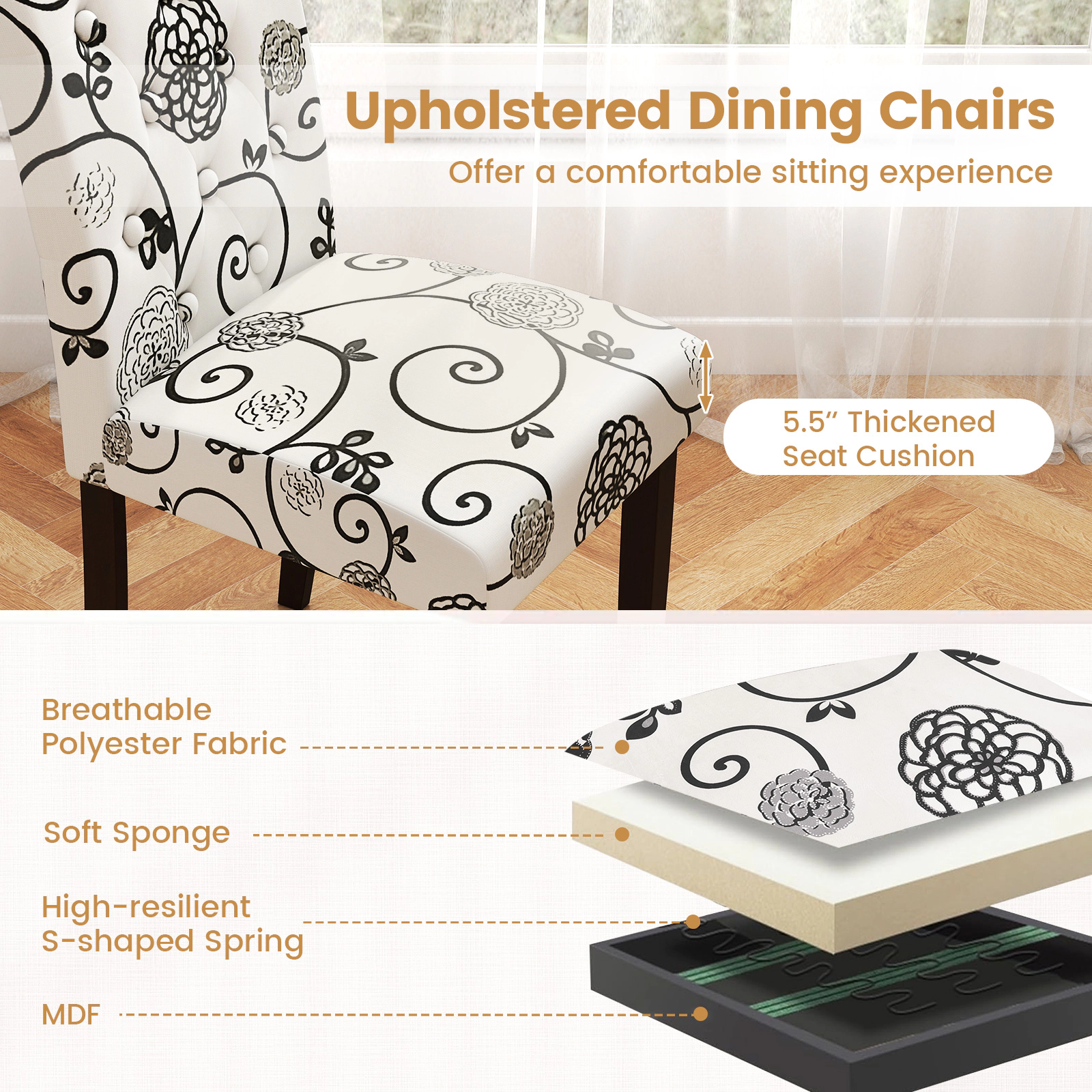 SUGIFT Set of 2 Beige Button-Tufted Upholstered Dining Chairs with Curved Back and Rubber Wood Legs