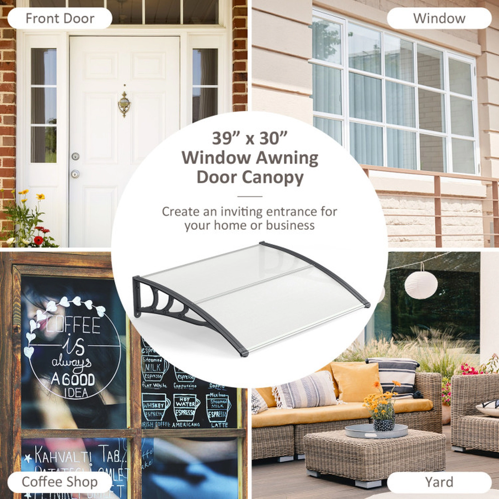 SUGIFT 39 x 30 in Polycarbonate Outdoor Front Door and Window Awning Canopy 44-lb Capacity Gray