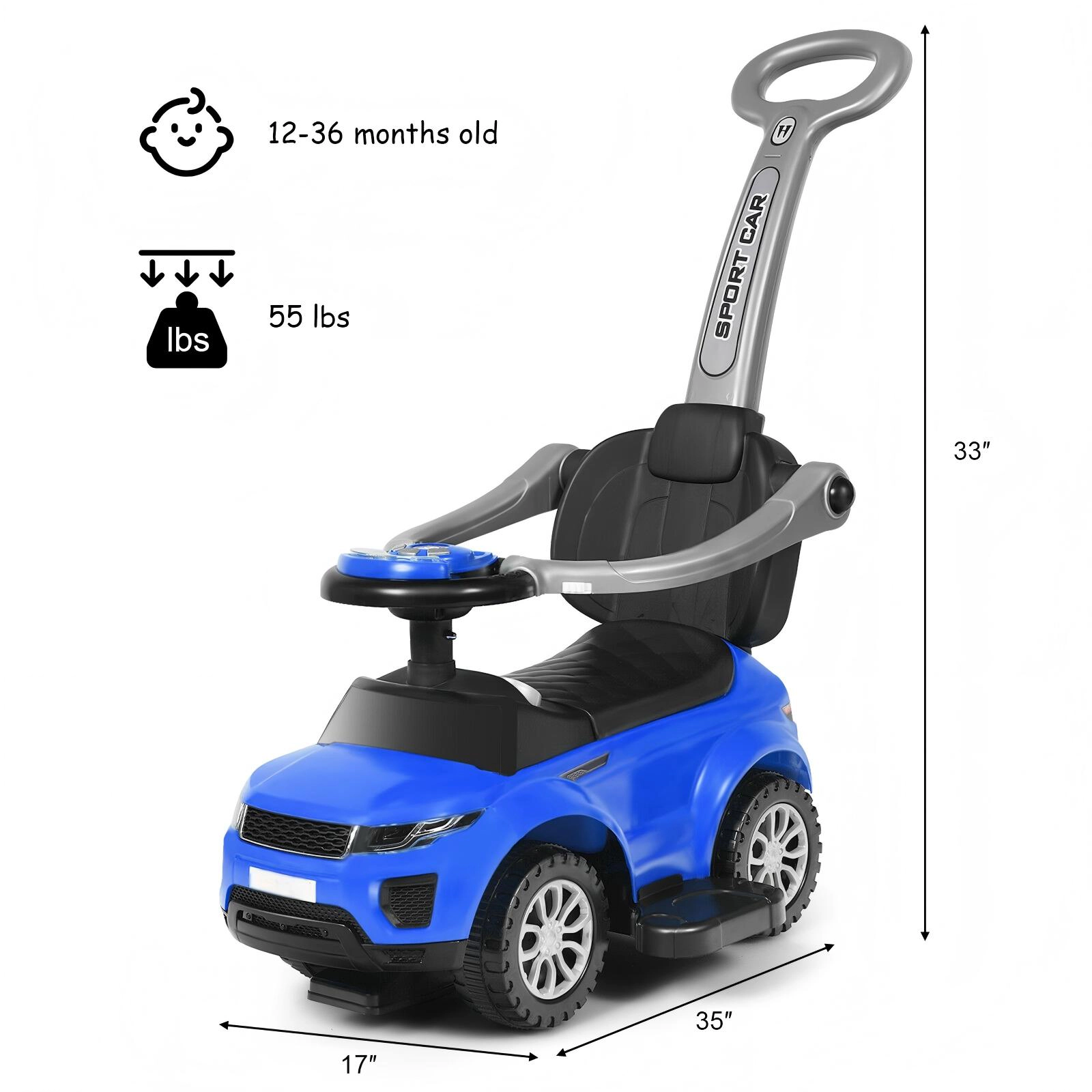 SUGIFT 3-in-1 Ride-On Push Car Toddler Stroller Sliding Car 55-lb Capacity Ages 12-36 Months Black