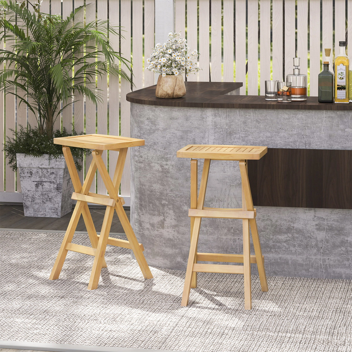 SUGIFT Set of 2 Folding Teak Wood Bar Stools with Saddle Seat 350-lb Capacity Natural Outdoor Bar Seating