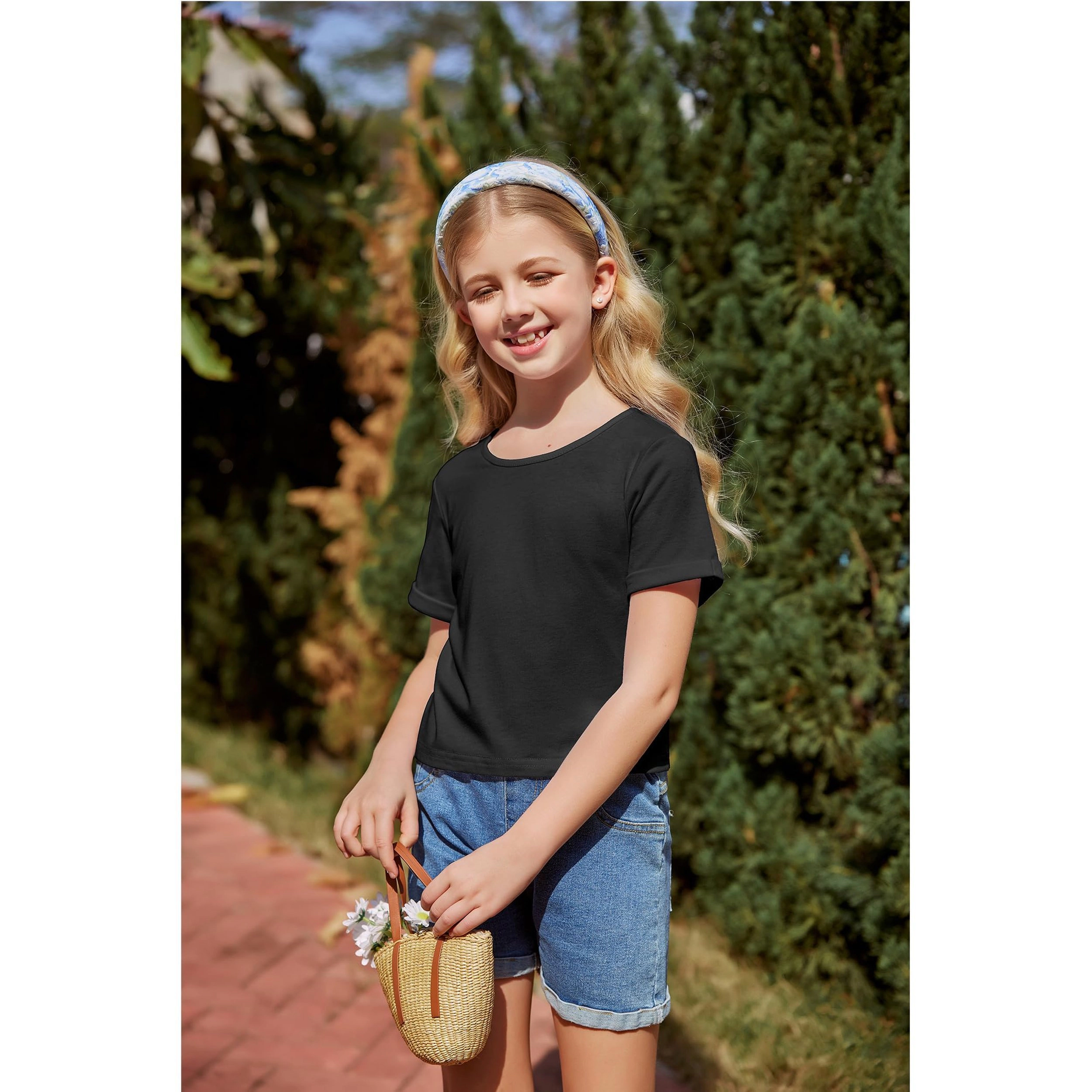 Arshiner Girls Short Sleeve T Shirt Kids Fashion T-Shirt Crewneck Rolled Cuffs Crop Top