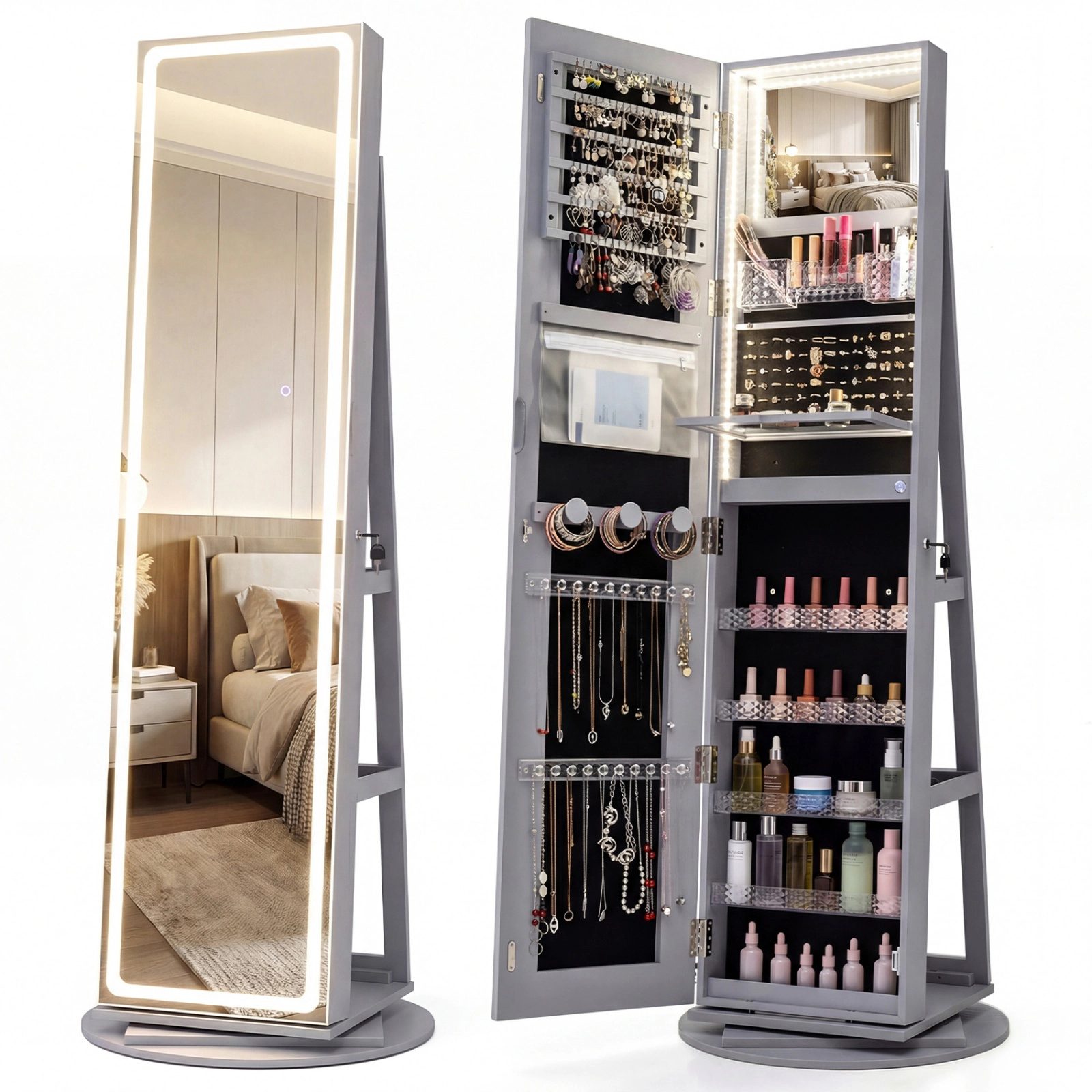 SUGIFT Standing Jewelry Cabinet with Adjustable LED Lights Full-Length Mirror Rotating Base 63-in Tall Gray