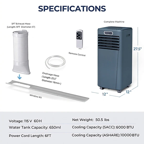 SUGIFT 4-in-1 Air Conditioner with Dehumidifier, Fan and Sleep Mode 10000 BTU 6000 BTU SACC for Rooms up to 350 sq ft