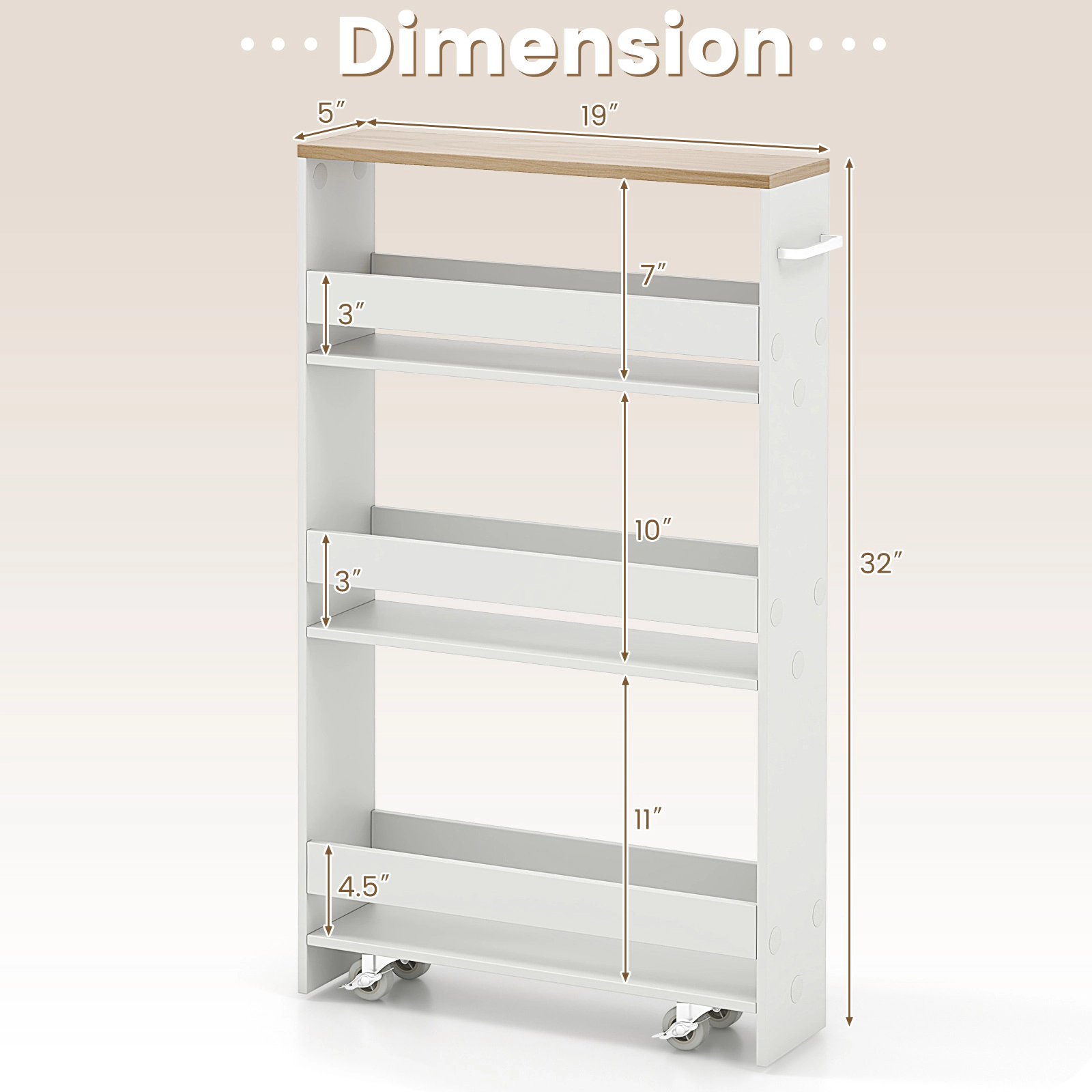 SUGIFT White 5-in Slim Narrow Rolling Bathroom Storage Cart Mobile Organizer Shelf for Laundry Kitchen