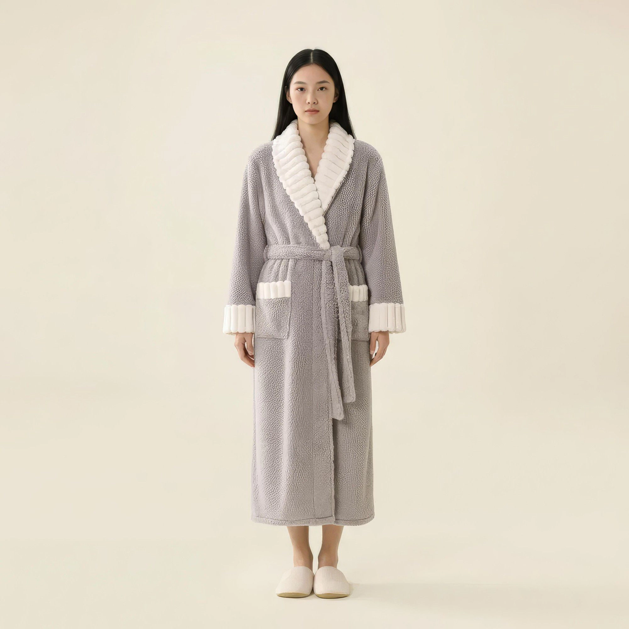Anna-Kaci Women's Plush Long Robe with Contrast Trim Shawl Collar Tie Waist Belt Soft Warm Full Length Bathrobe