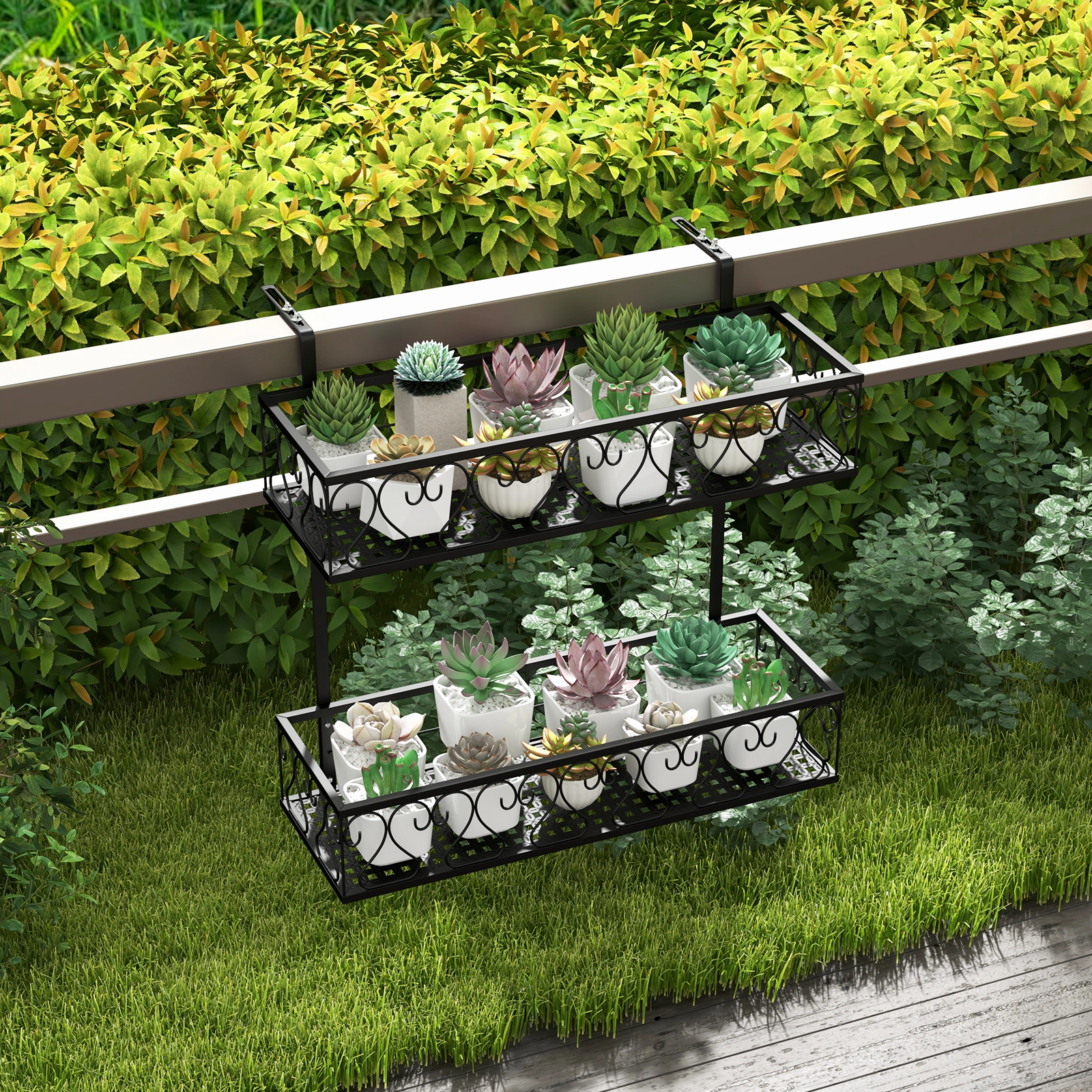 Slickblue 2 Tier Balcony Railing Plant Stand Metal Flower Rack with Adjustable Hook Mount