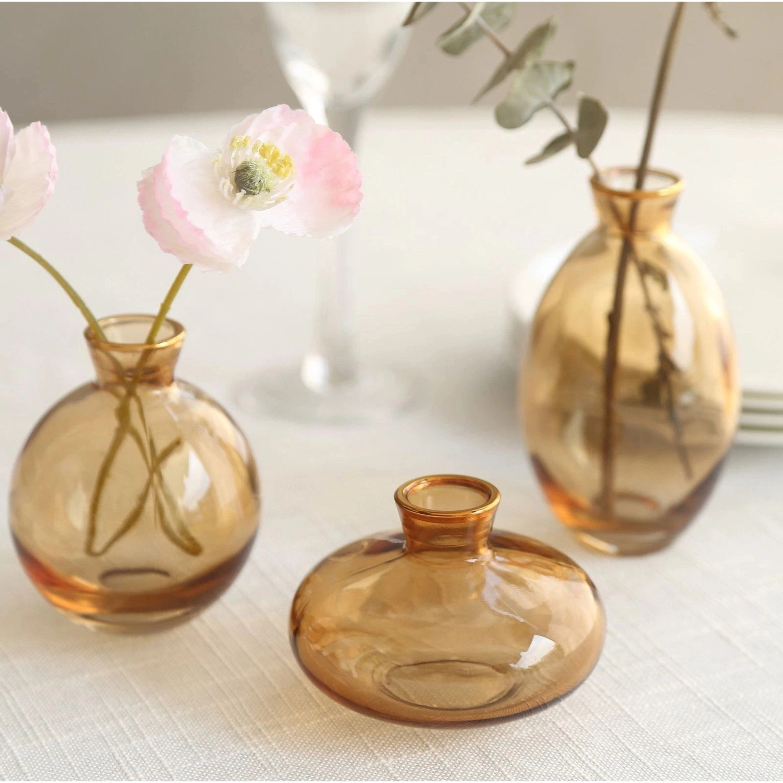 Home Collection Set of 3 Glass Flower Vases with Gold Rim