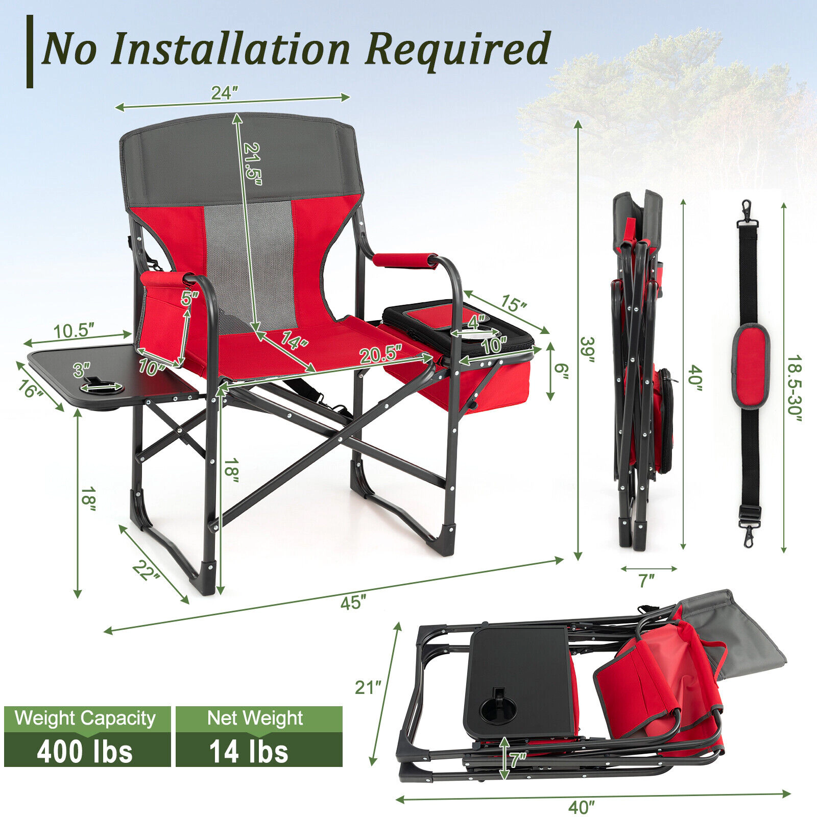 SUGIFT 400-lb Capacity Folding Camping Directors Chair with Side Table Cooler Bag and Padded Armrests