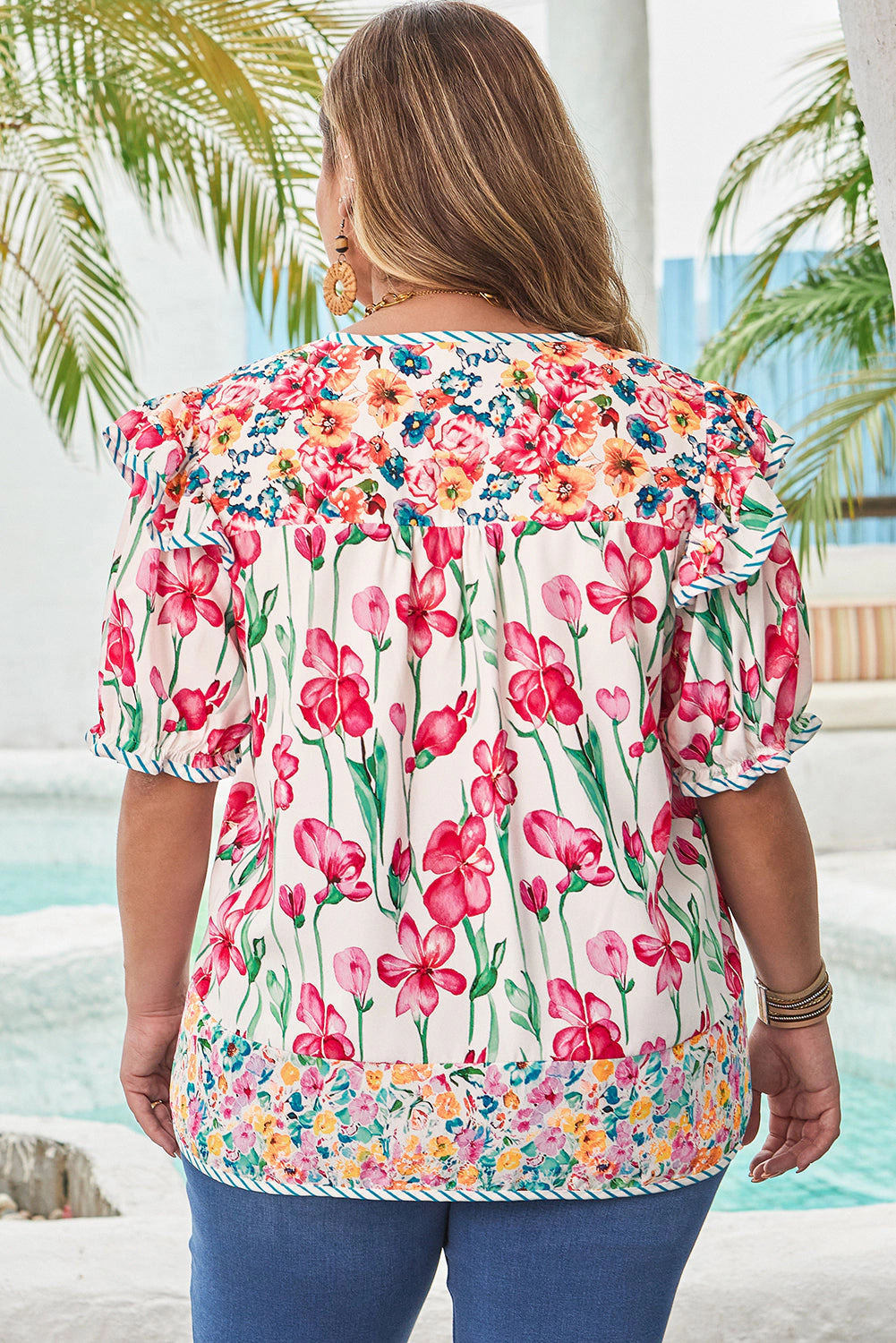 Threaded Pear Women's Kiara Plus Floral Striped Trim V Neck Blouse