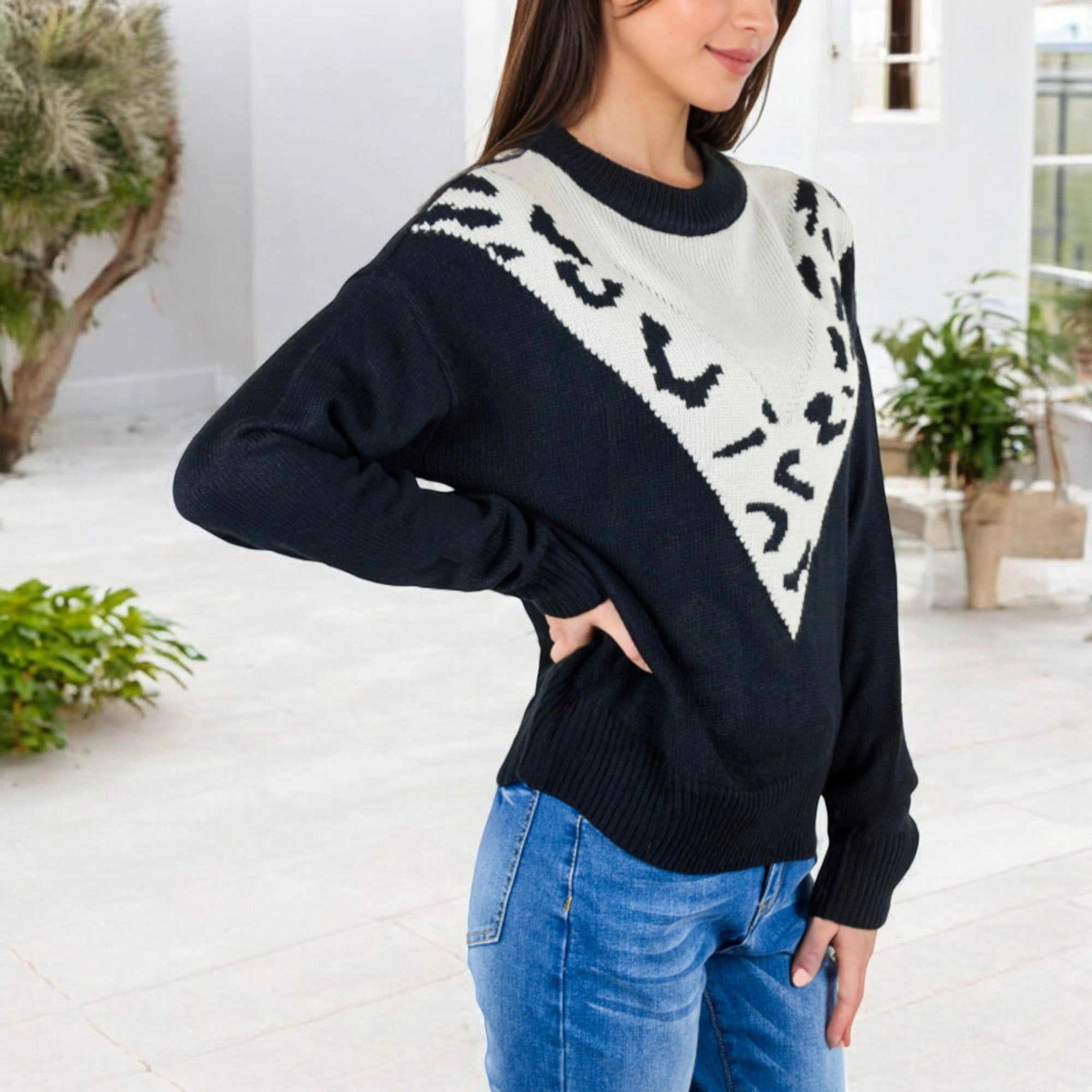 Anna-Kaci Women's Crew Neck Sweater with Contrast Leopard Print Chevron Design for Casual Looks