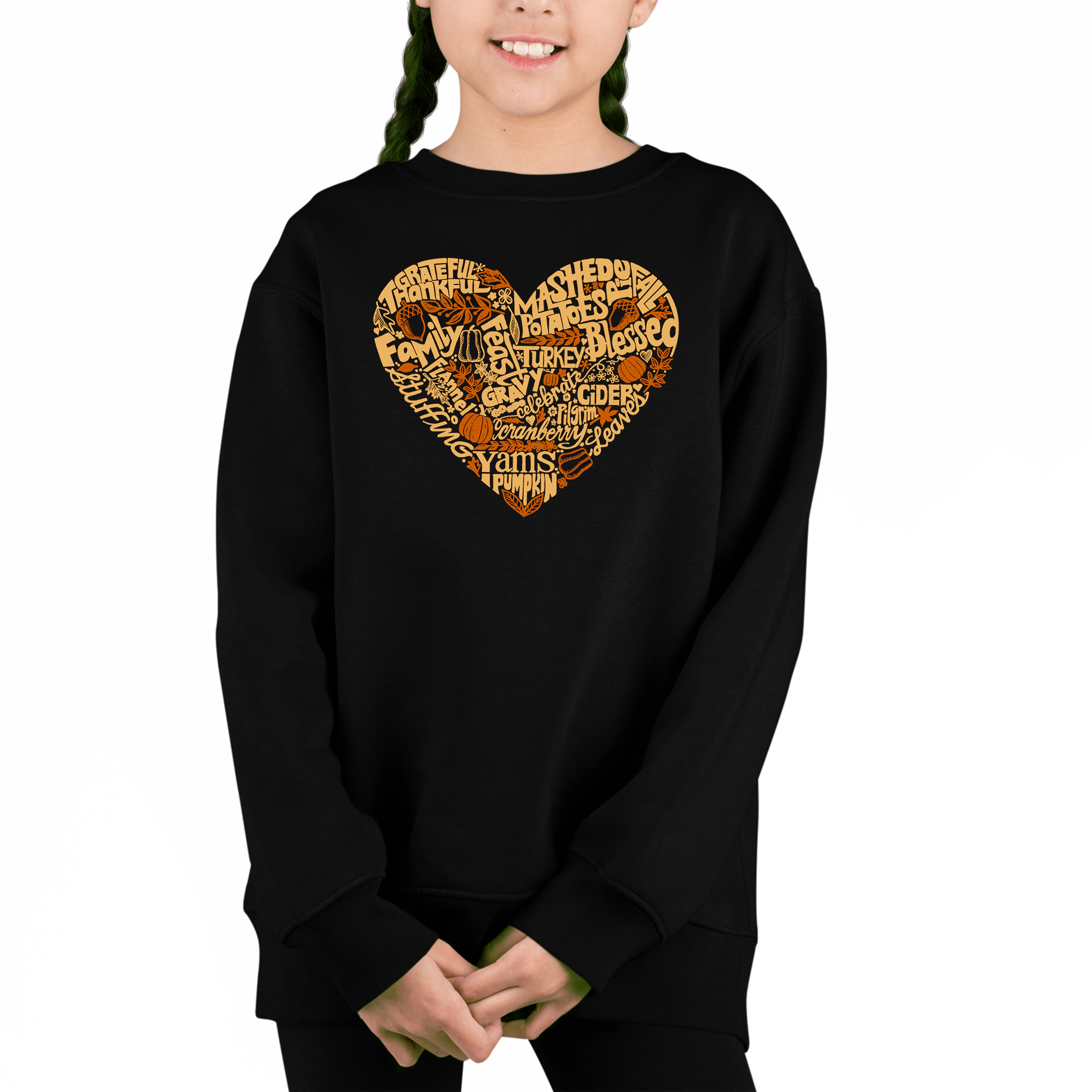 LA Pop Art Girl's Word Sweatshirt - Thanksgiving Heart