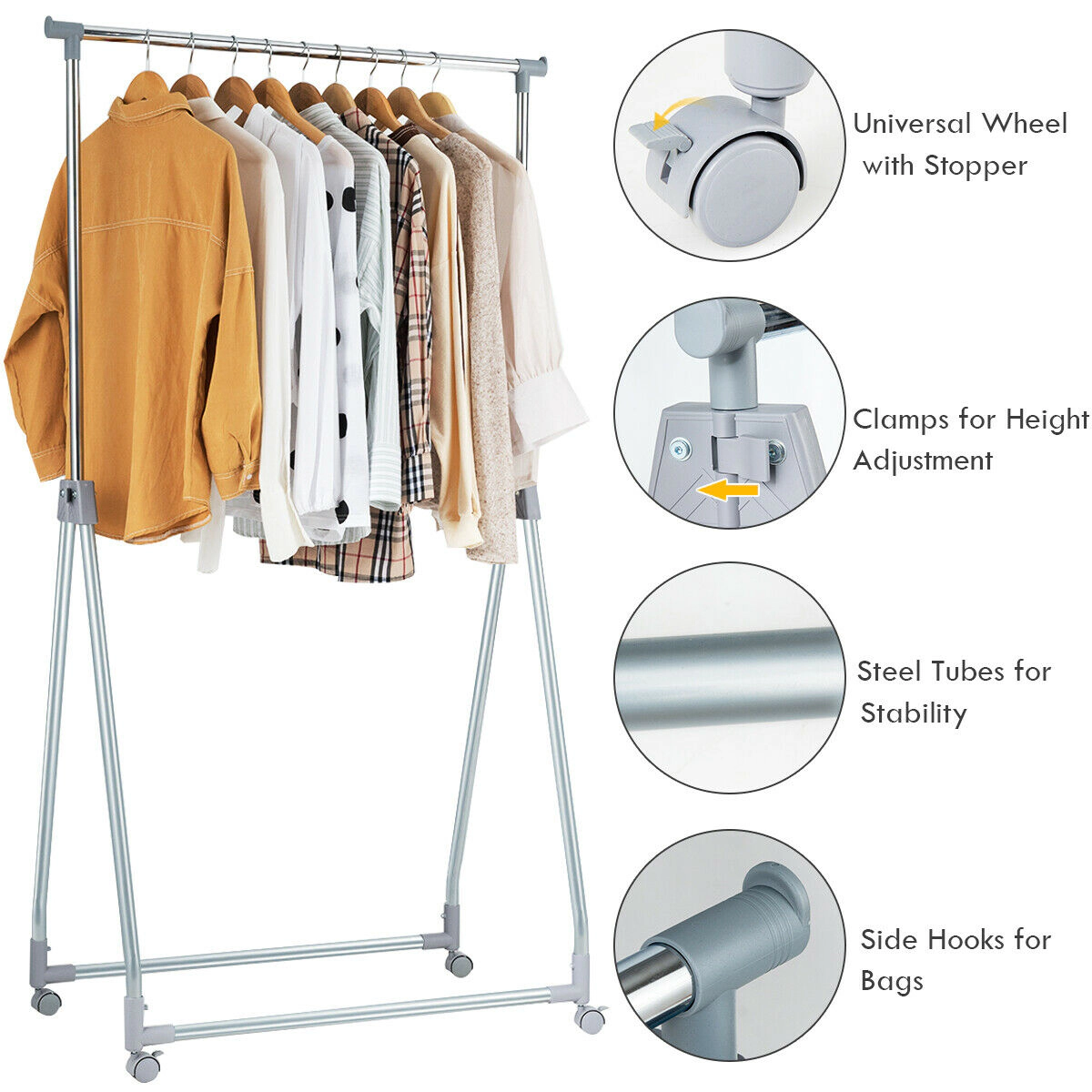 Glintex Extendable Folding Garment Rack with 4 Wheels and Adjustable Height, Silver