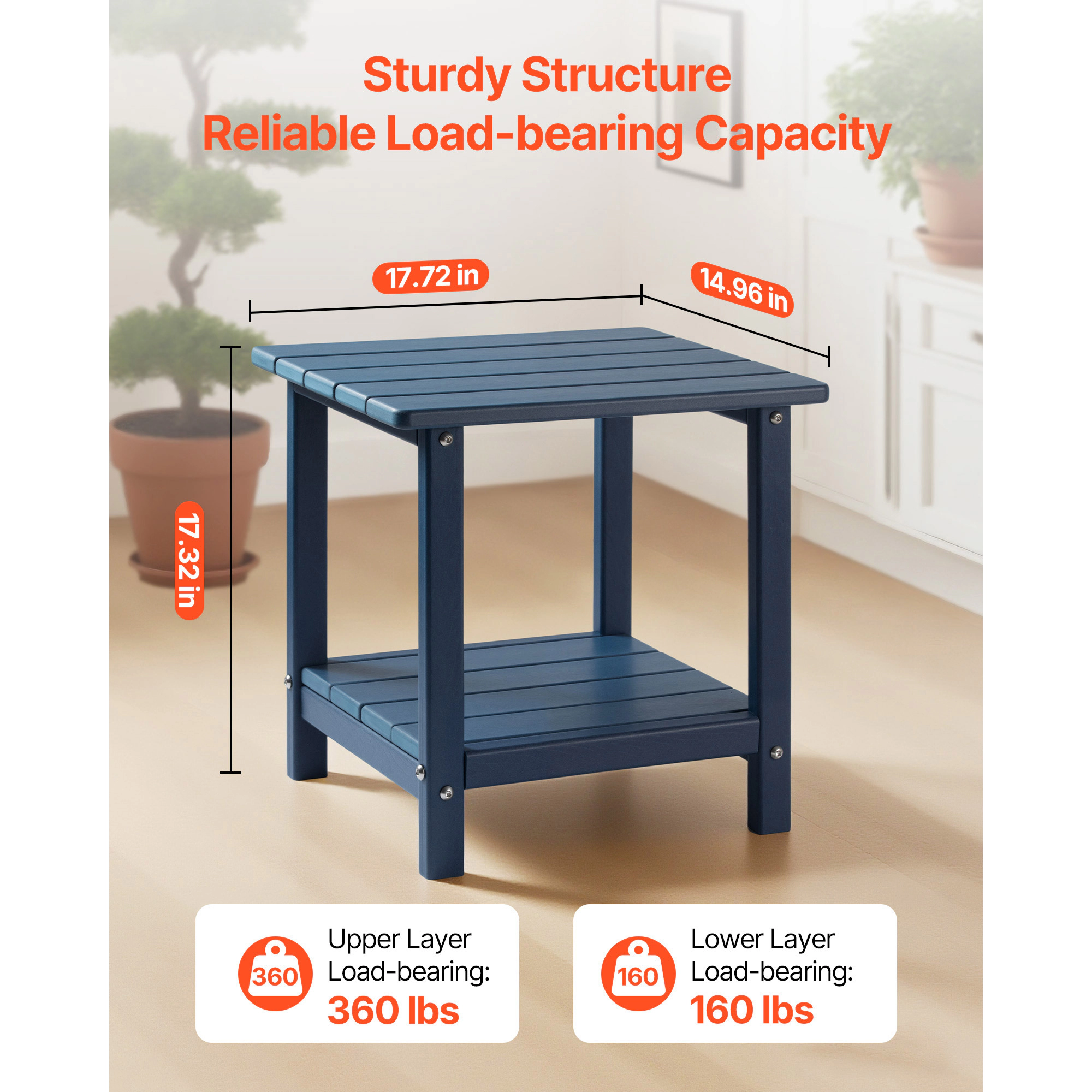 HONGGE HDPE Outdoor Side Table, 17.7 x 15 x 17.3 In, Weather-Resistant Blue End Table for Patio, Pool, Backyard