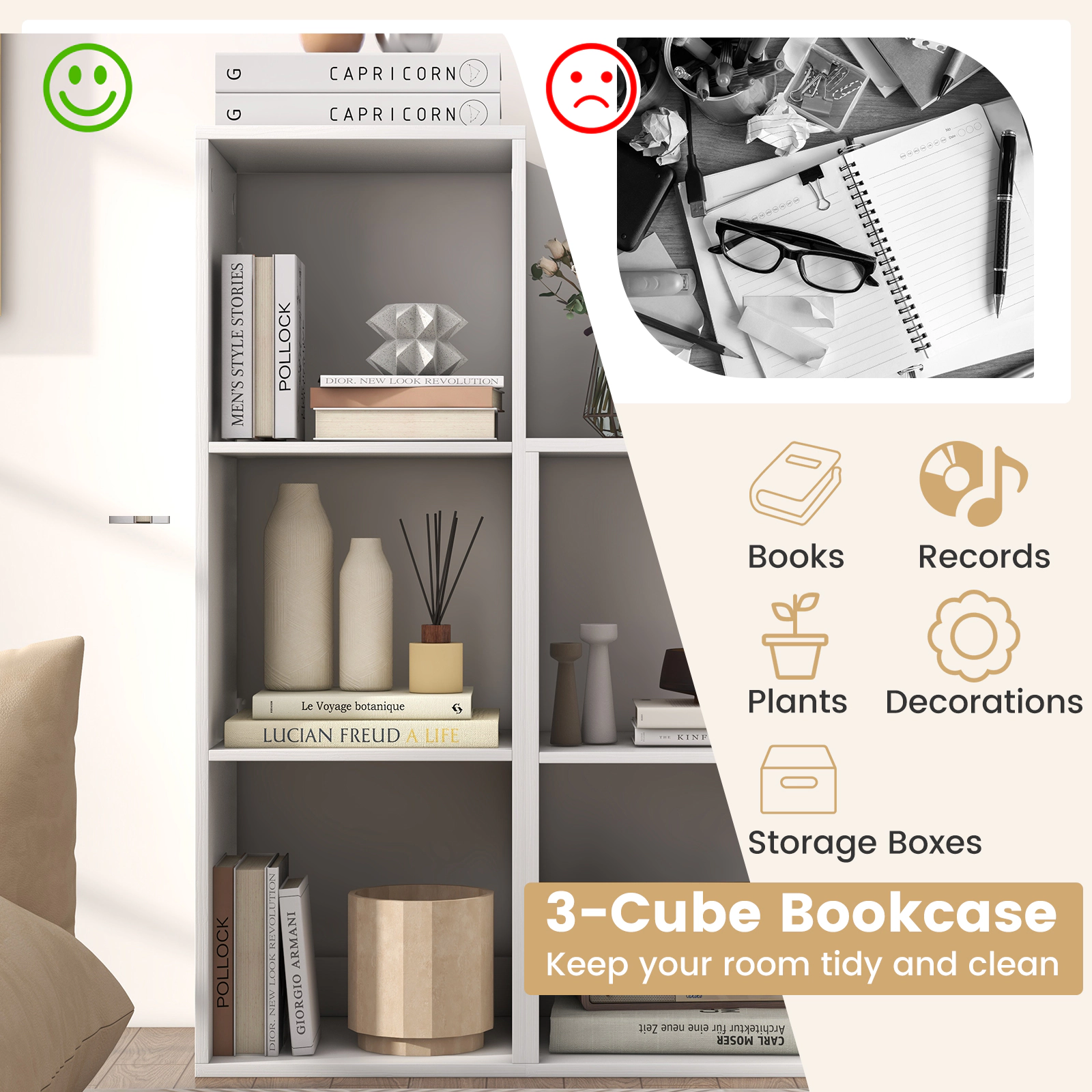 SUGIFT 3-Cube Engineered Wood Bookshelf with Back Guardrail 145-lb Capacity 41-in Tall White