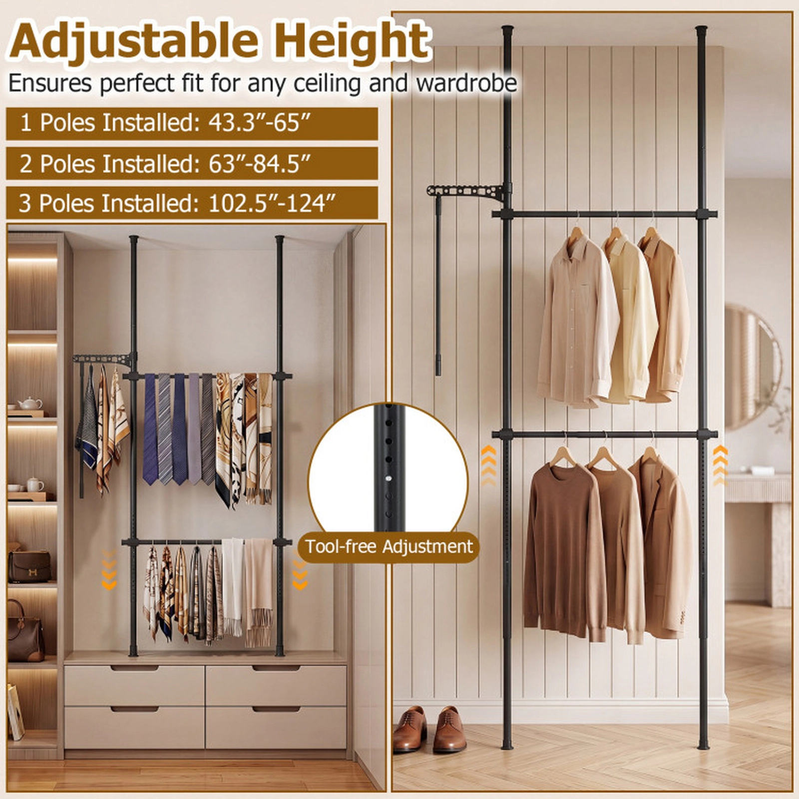 SUGIFT Adjustable Floor to Ceiling Clothes Rack Black with 2 Hanging Rods