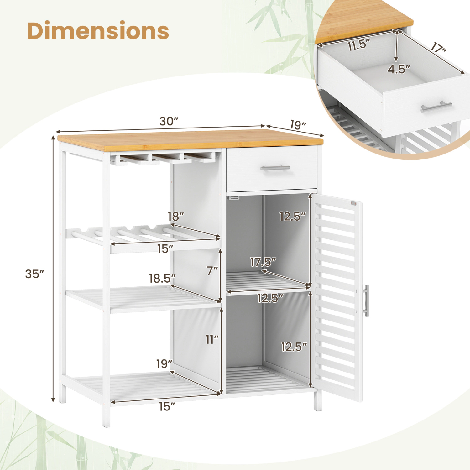 LJG Coffee Bar Cabinet with Glass Holder Wine Rack and Bamboo Top