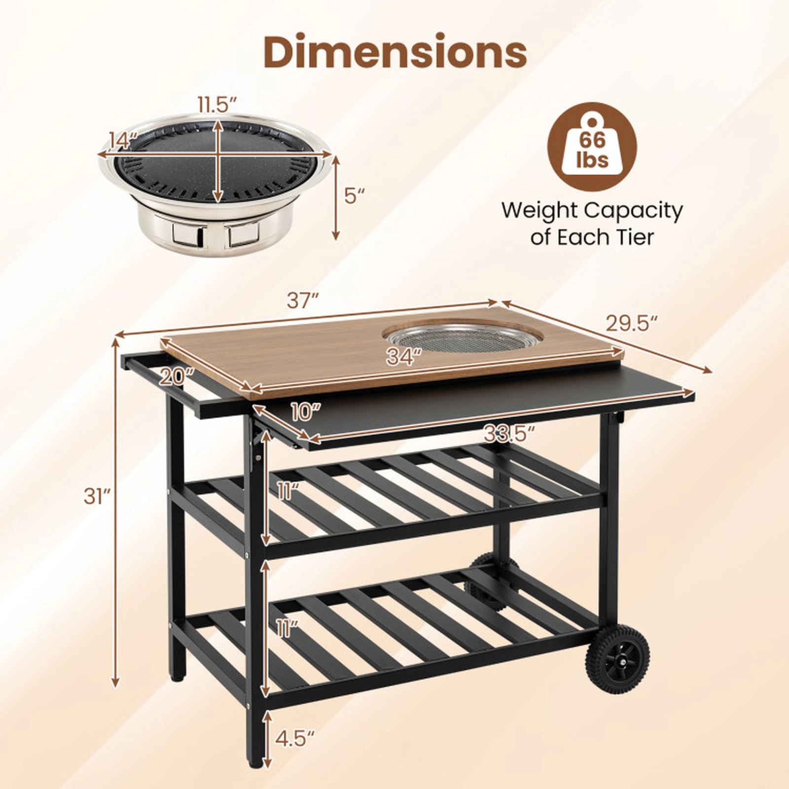 SUGIFT Wood-Grain Outdoor Dining Cart with Charcoal BBQ Grill Foldable Side Panel and 2 Lower Shelves