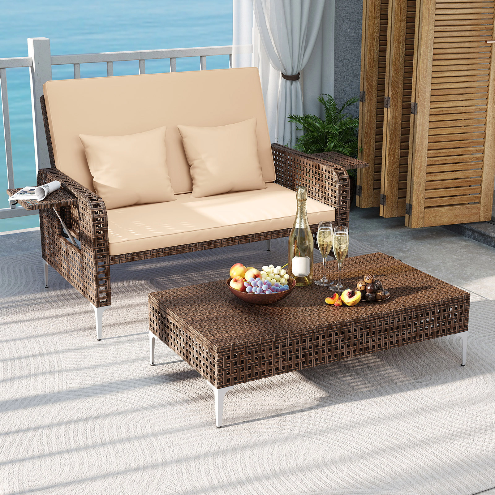SUGIFT 2-Piece Brown Wicker Patio Daybed with Adjustable Backrest, Storage Ottoman and 2 Trays