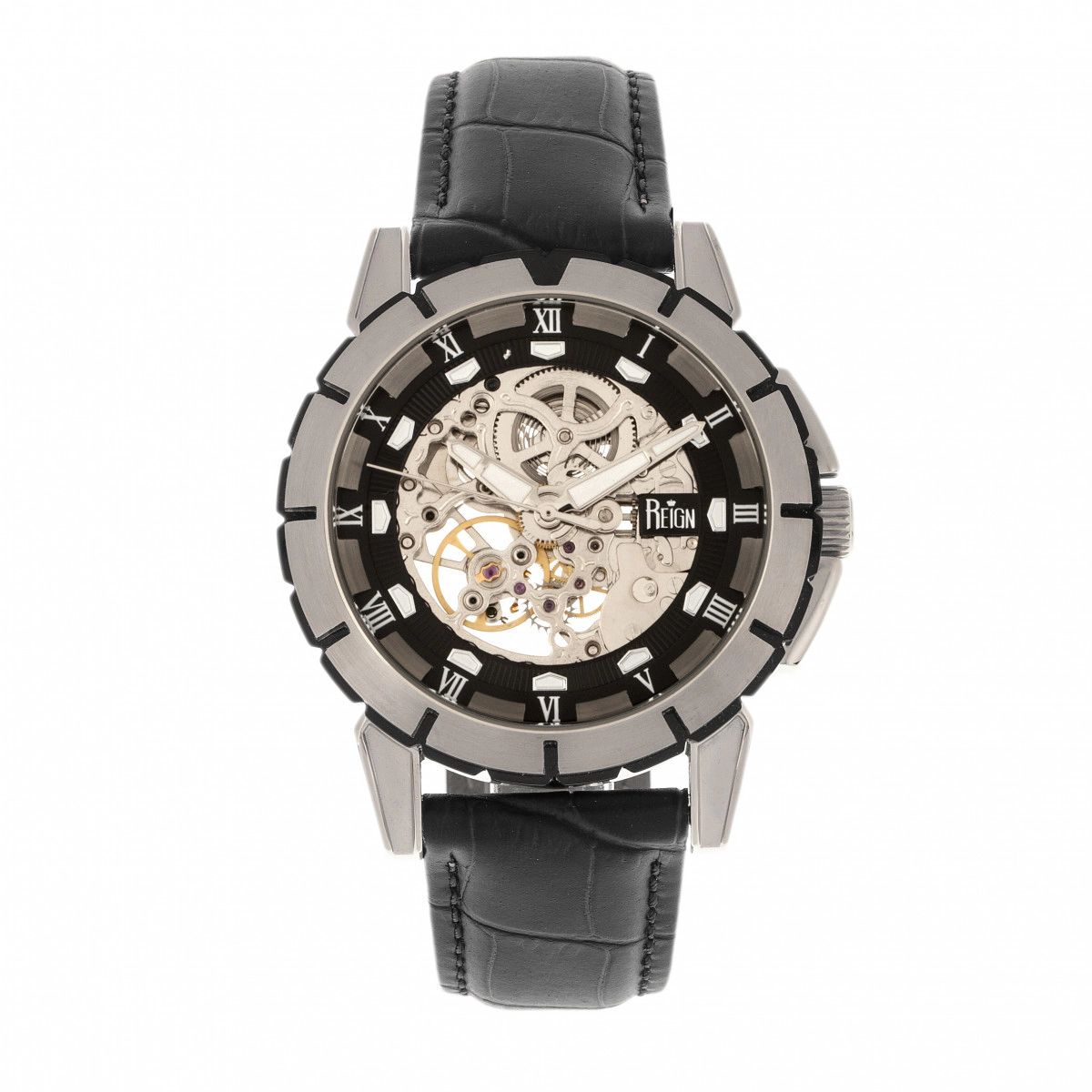Reign Philippe Automatic Skeleton Leather-Band Watch