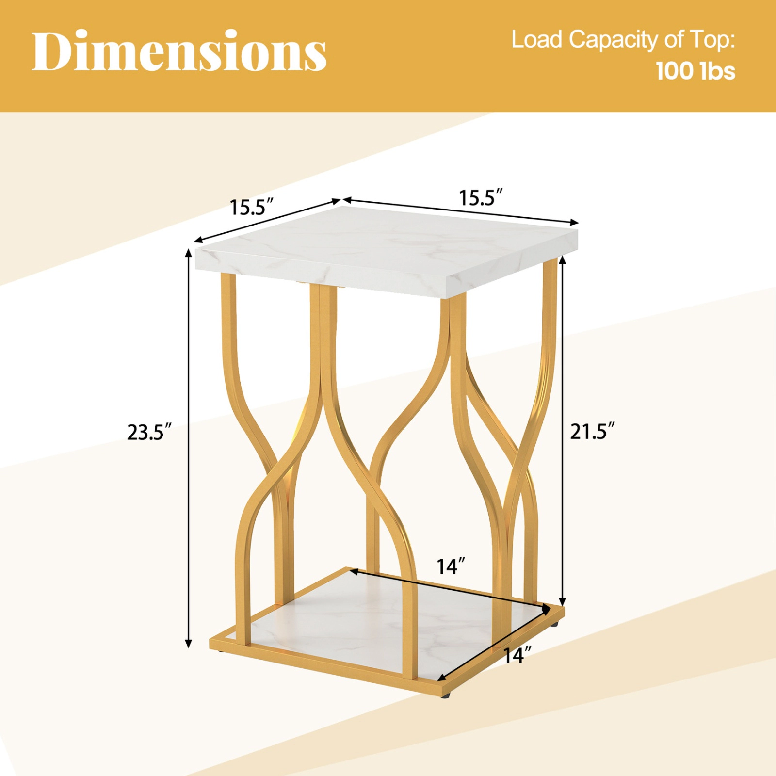 SUGIFT Faux Marble Bedside Night Stand with Petal-Inspired Metal Frame 100-lb Top Capacity White & Gold