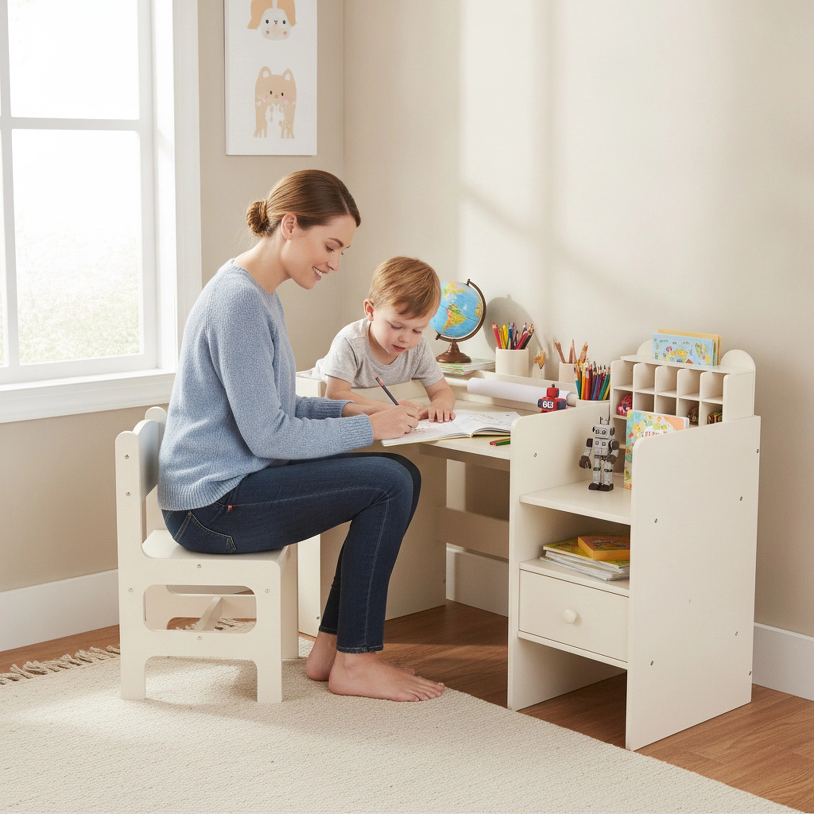 SUGIFT Kids Art Desk and Chair Set, Natural Craft Table with Paper Roll Holder and Removable Storage