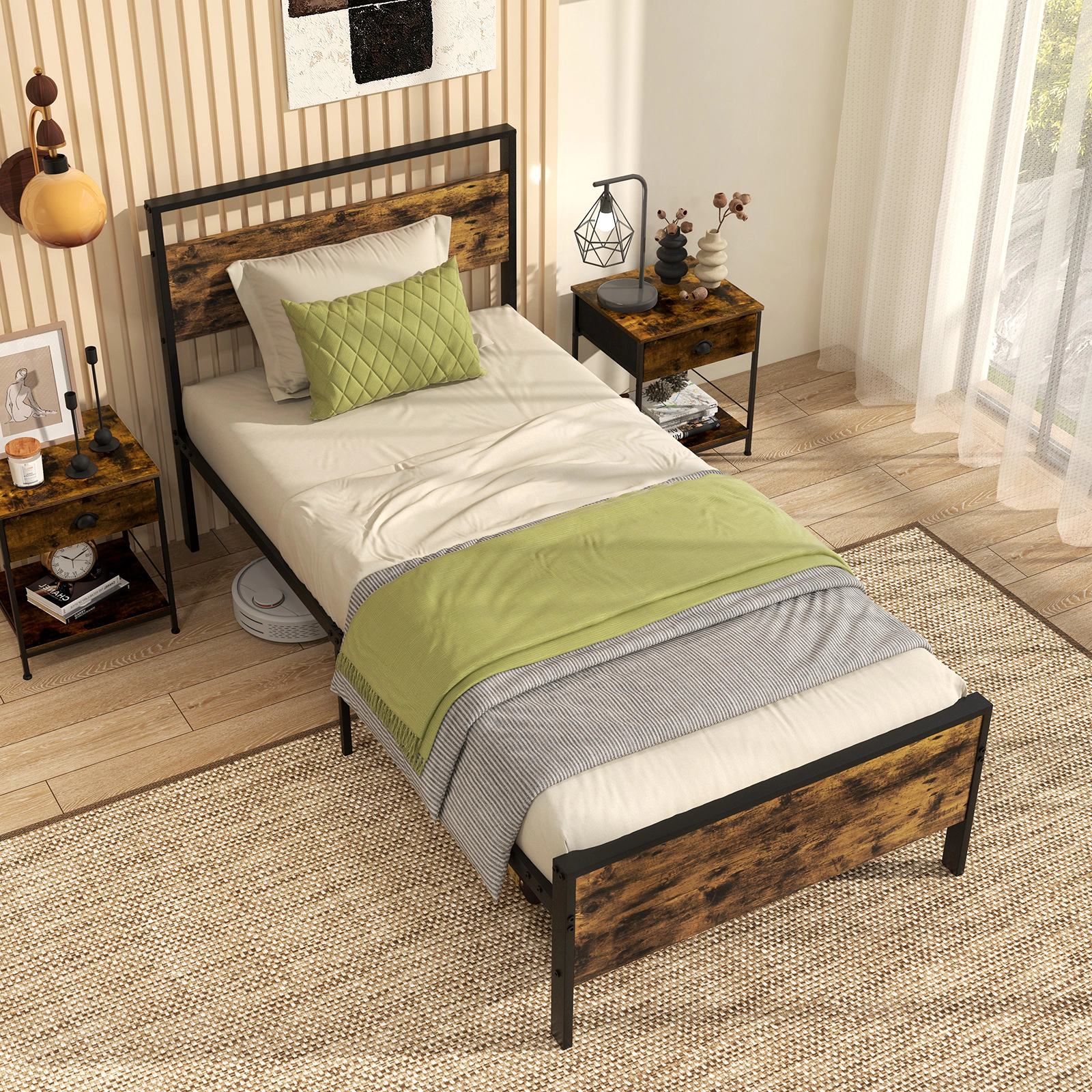 SUGIFT Twin Industrial Metal Platform Bed, Rustic Brown Wood Panels, 480-lb Capacity