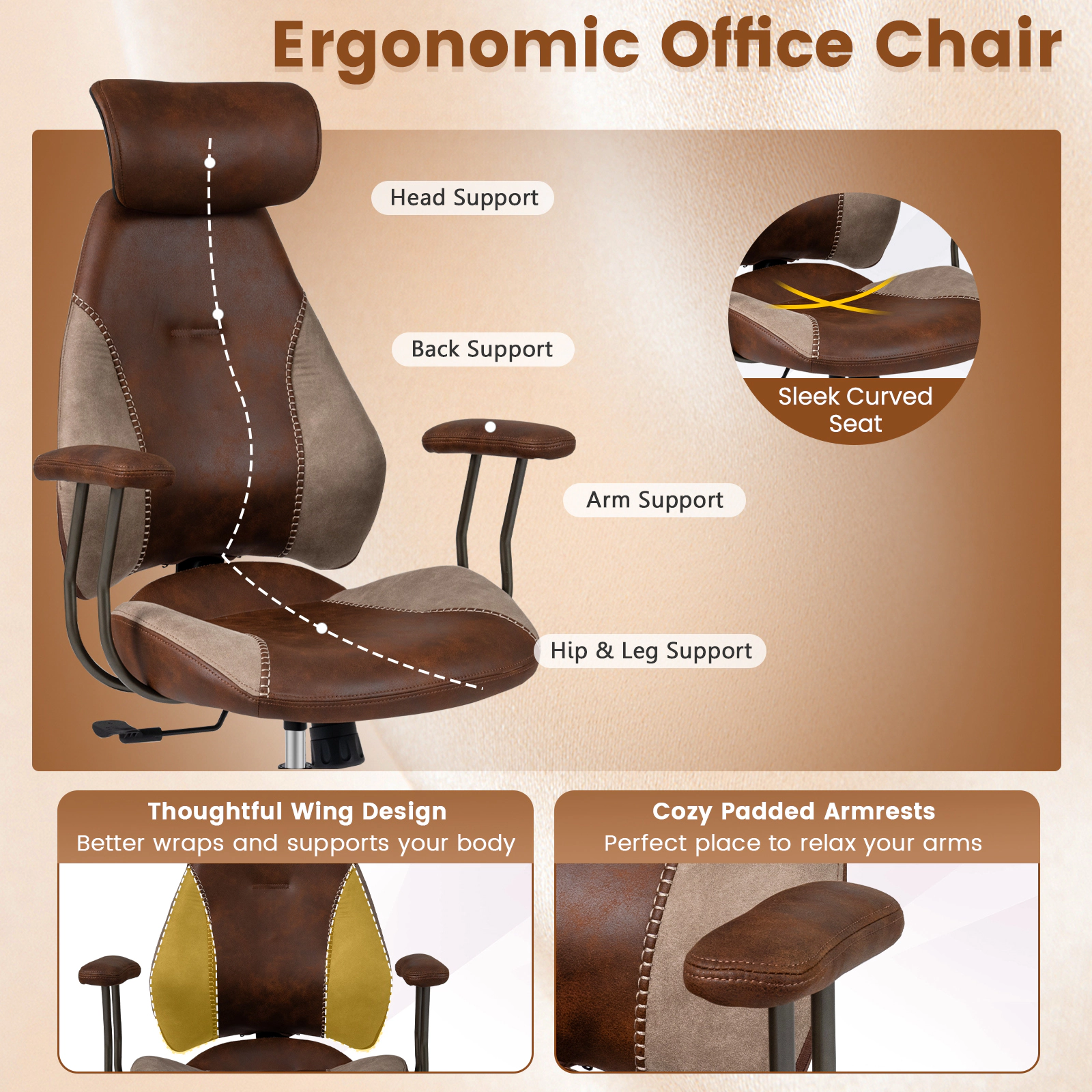 SUGIFT 330-lb Capacity Brown Suede Wing Back Computer Desk Chair with 2D Headrest and 4-Position Tilt Lock