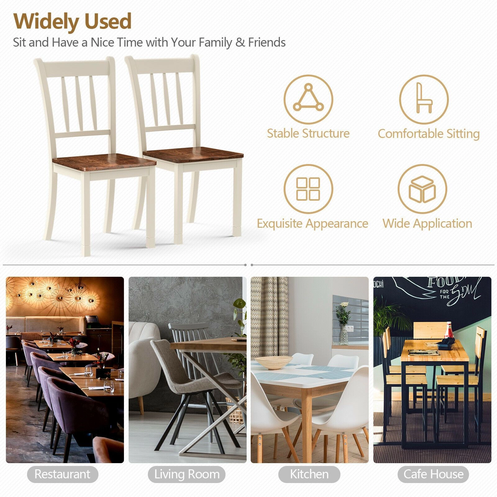 SlickBlue Set of 2 White Solid Wood Dining Chair with Curved Backrest