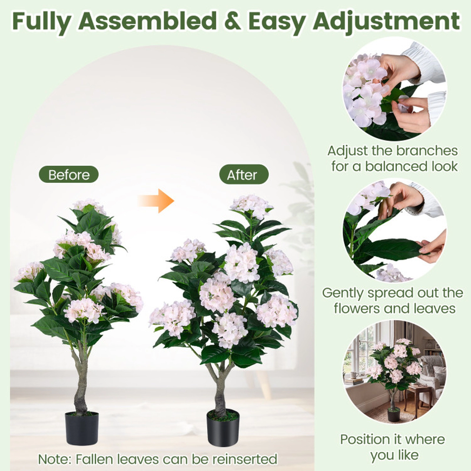 SUGIFT 43.5-in Artificial Hydrangea Tree 2-Pack with 11 Flowers and Cement-Filled Pots Pink