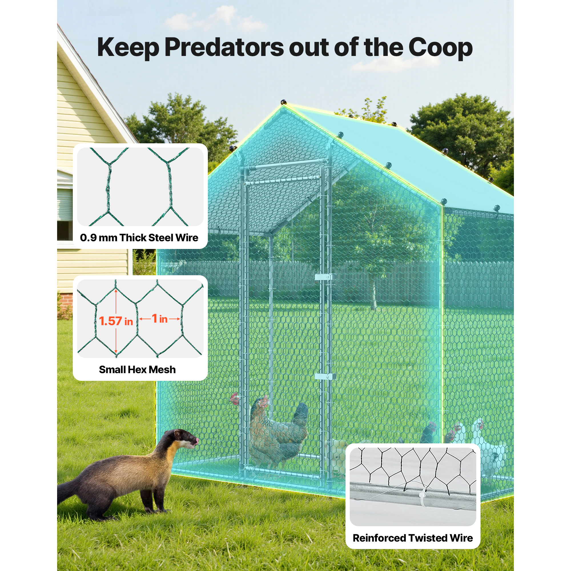 HONGGE Large Metal Chicken Coop Walk-in Chicken Run House with Waterproof Cover & Sturdy Frame Spire Roof Poultry Cage