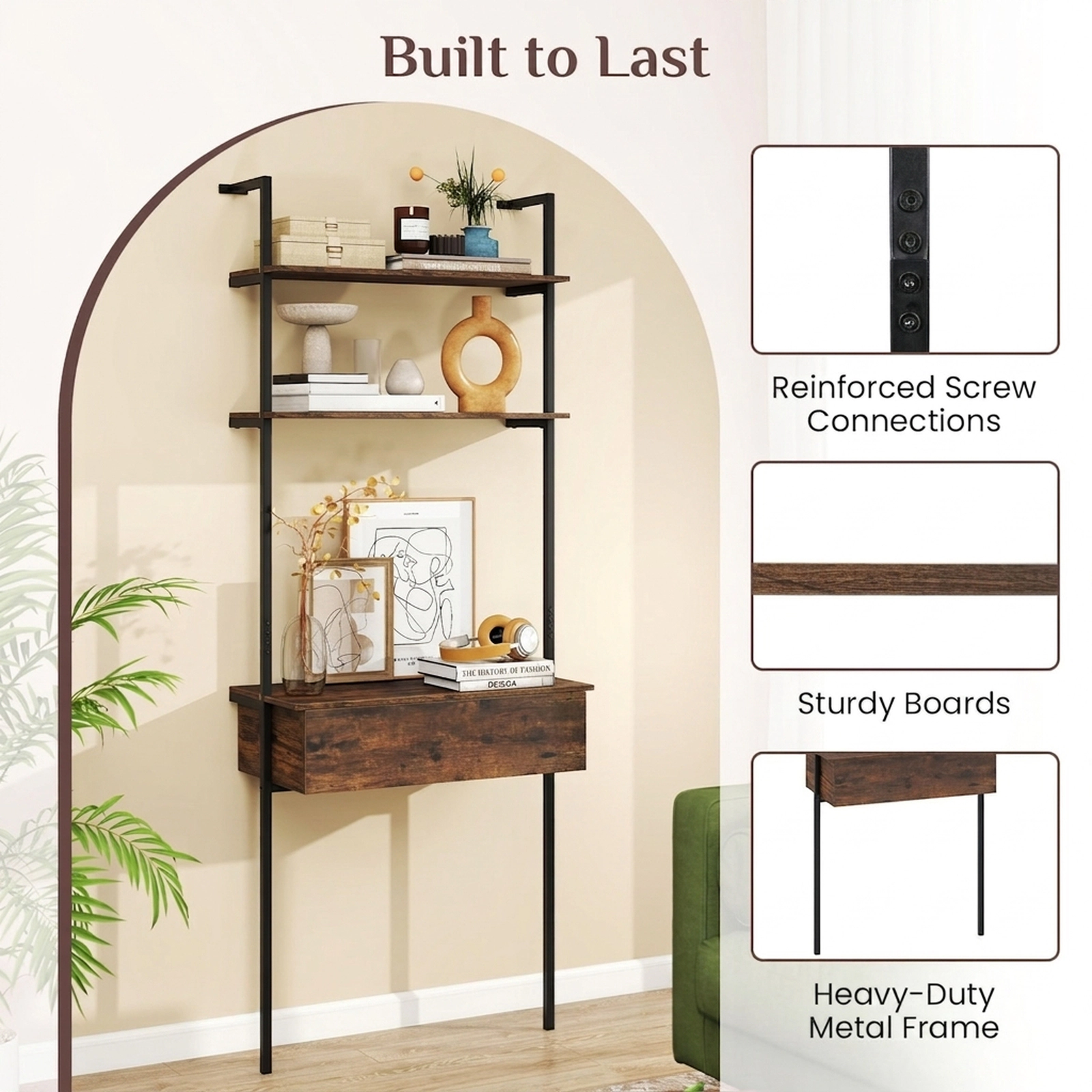 SUGIFT 4-Tier 73-in Tall Ladder Shelf Bookshelf with Drawer Metal Frame and 120-lb Capacity for Living Room