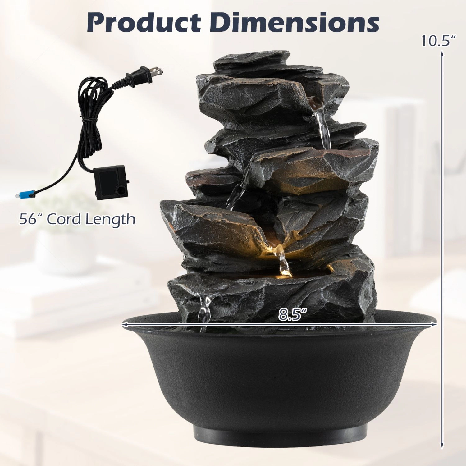 SlickBlue Black Indoor Water Fountain, Resin Cascade Design, LED Light, Quiet Pump, Compact Decor