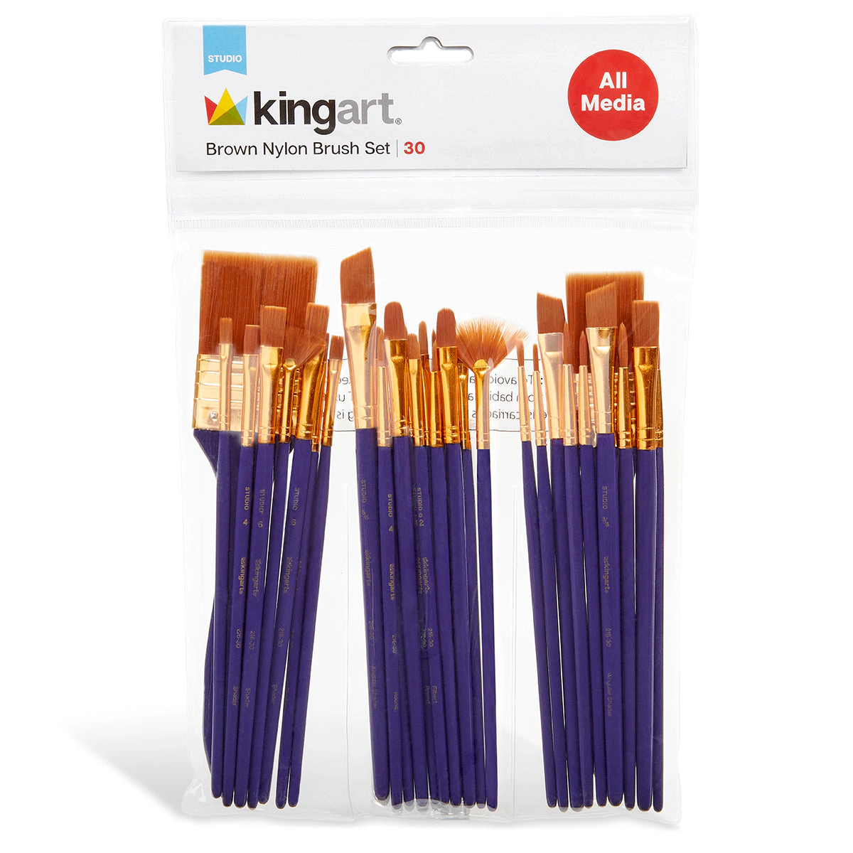 KINGART Studio Gold Nylon Brush Set - 30 pc Acrylic & Watercolor