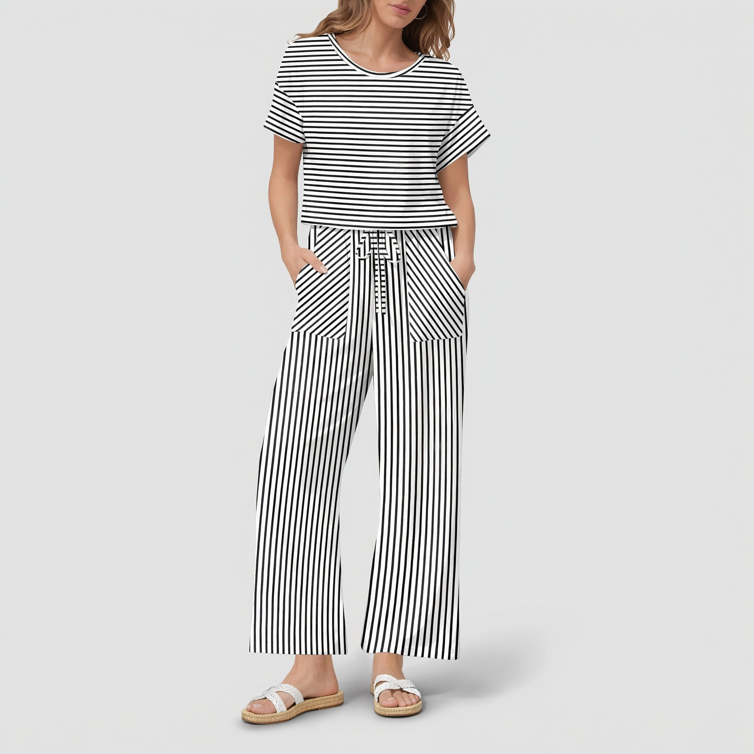 Ekouaer Women's Striped Round Neck Top & Wide Leg Pants 2 Piece Set