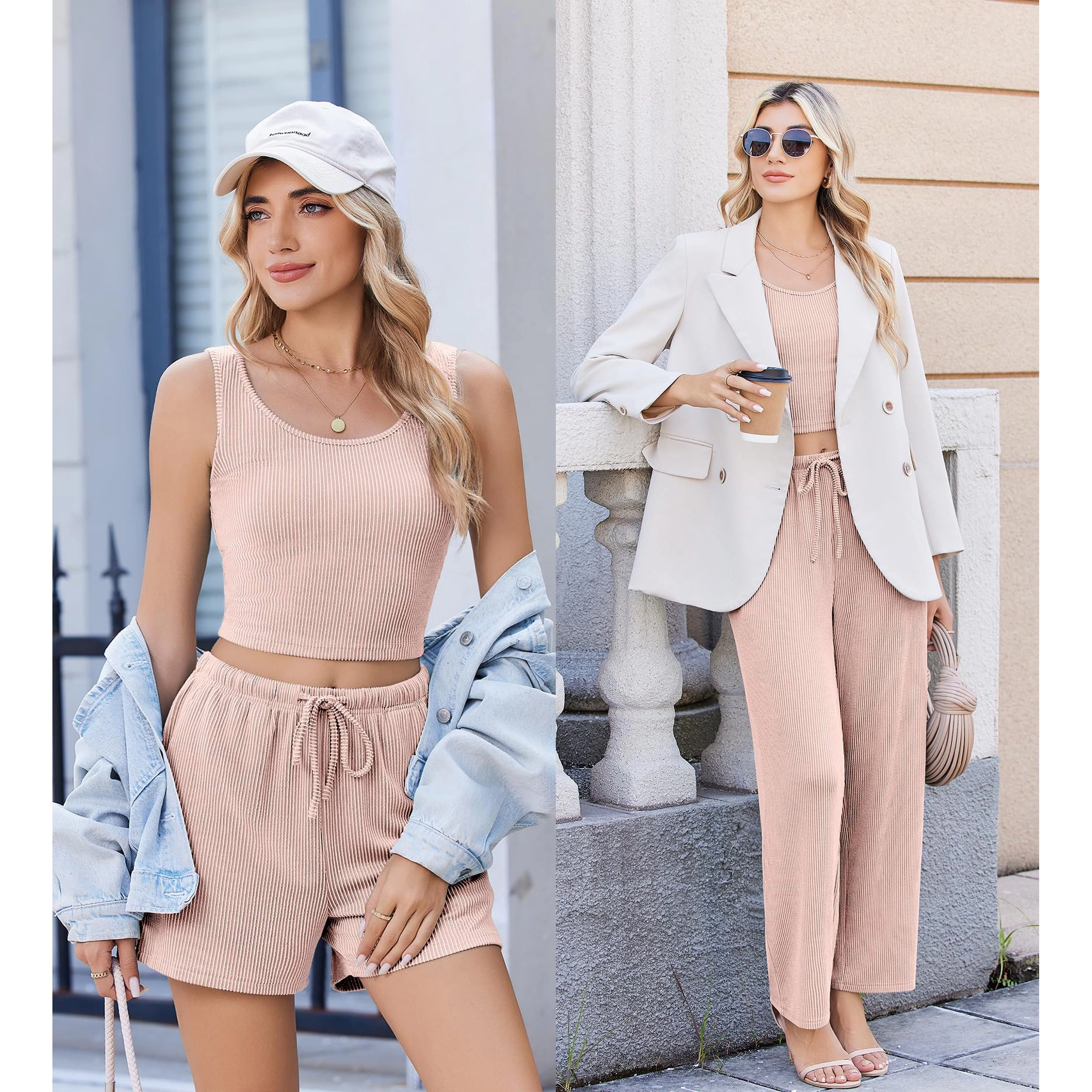 Ekouaer Women’s Three Piece Twisted Rib Lounge Set Crop Top Shorts and Pants