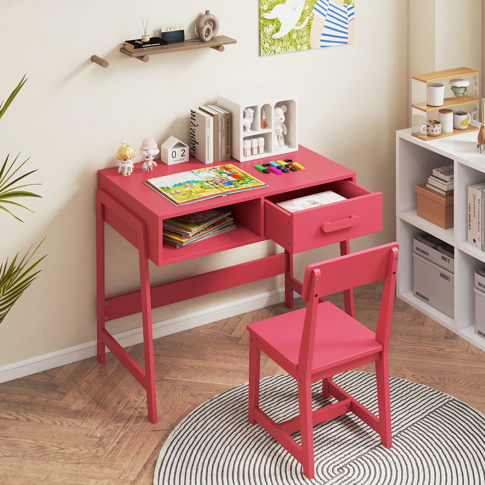 SUGIFT Kids Desk and Chair Set, 33.5 in Study Table with Hutch, Drawer, Pink